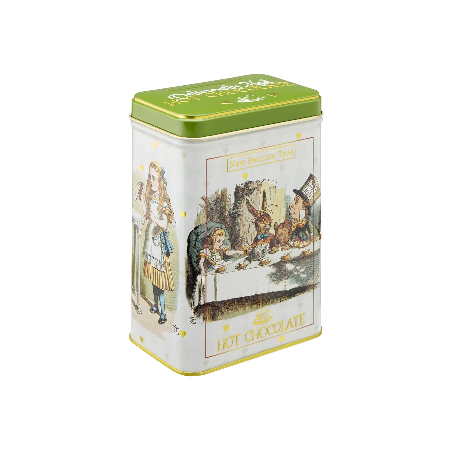 Hot chocolate tin with Alice in Wonderland design on a white background