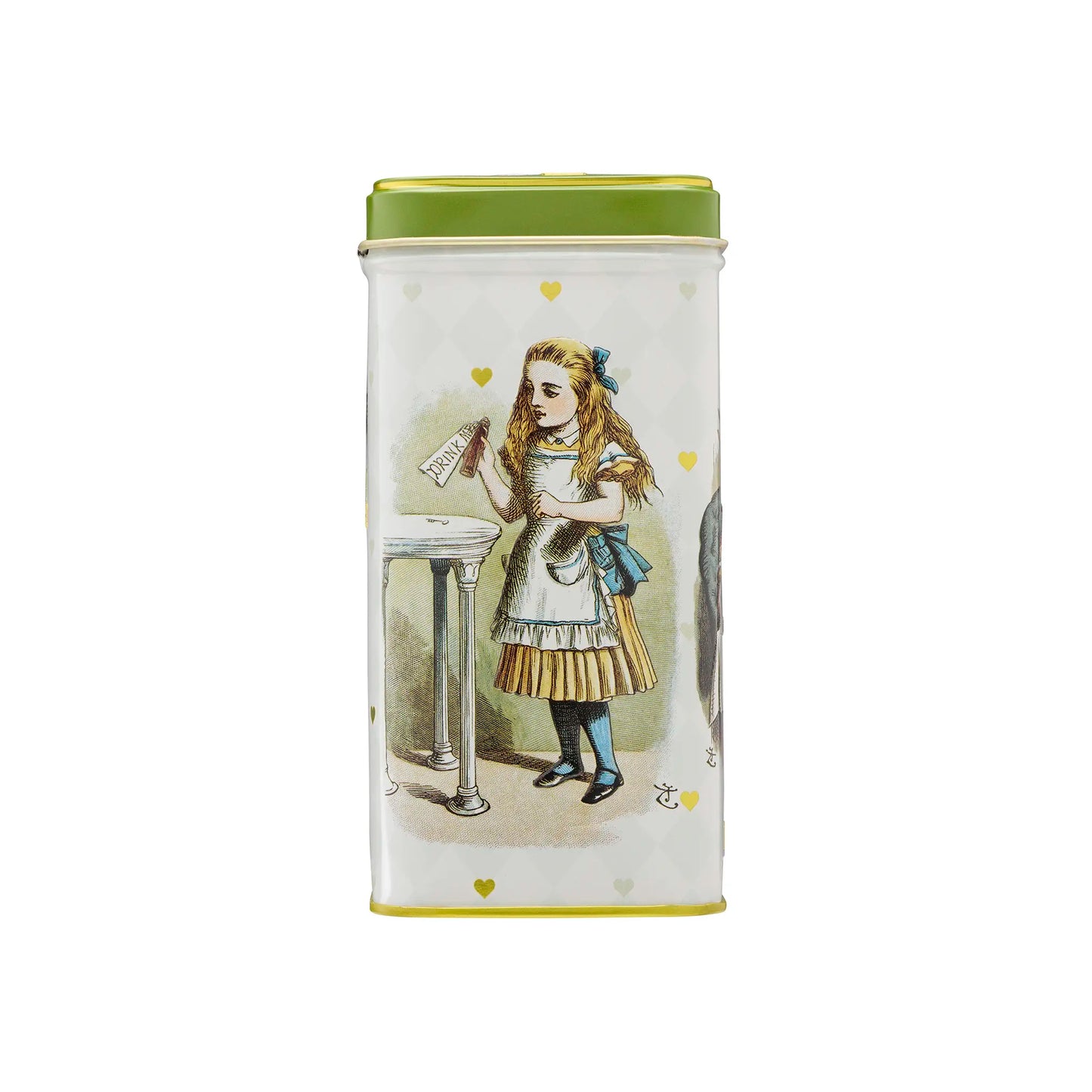 Tin canister with a illustrated design of Alice holding a book on a white background
