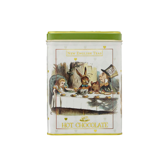 Hot chocolate tin with Alice in Wonderland design on a white background