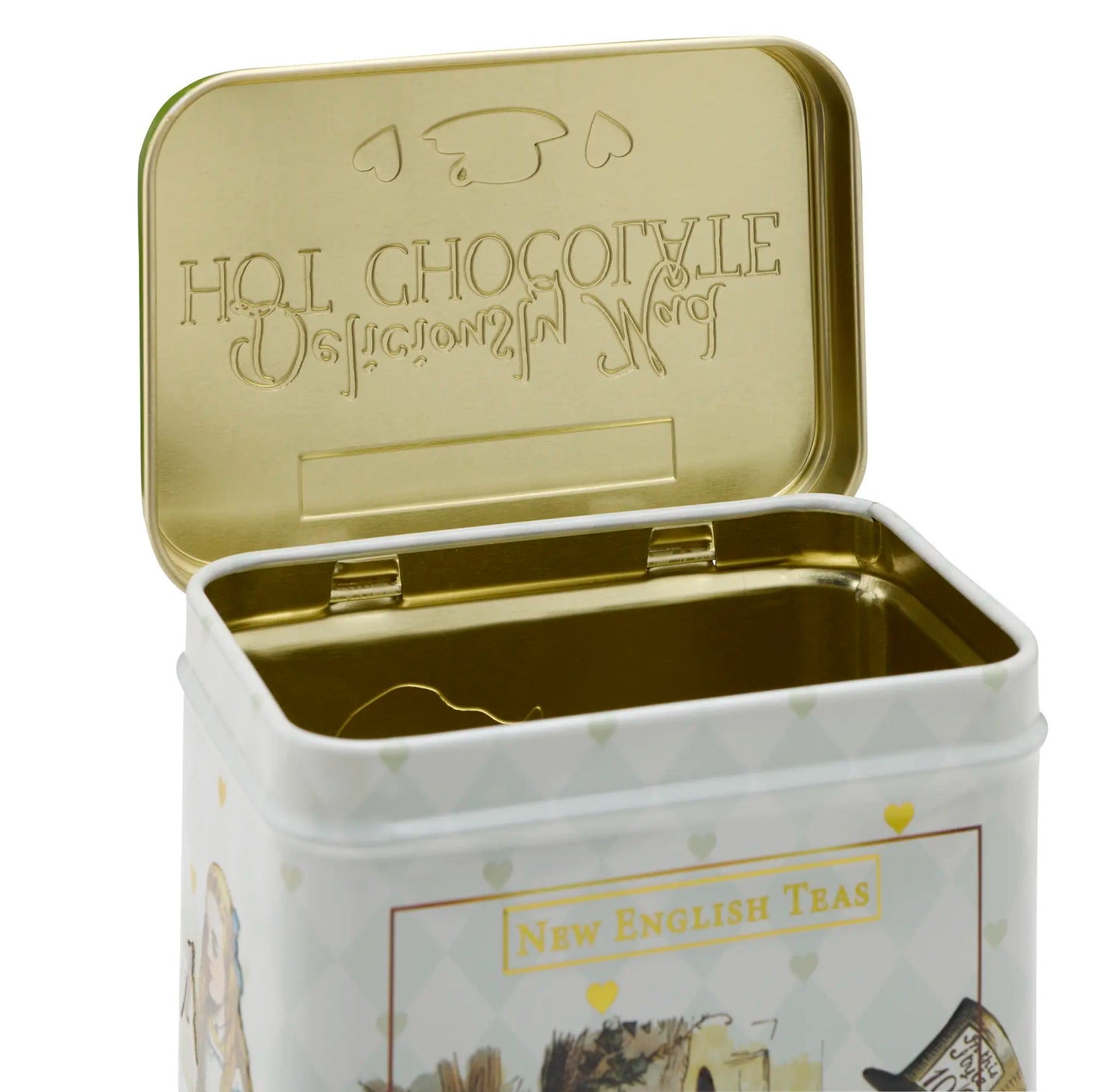 Alice in Wonderland hot chocolate tin with gold open lid on a white background