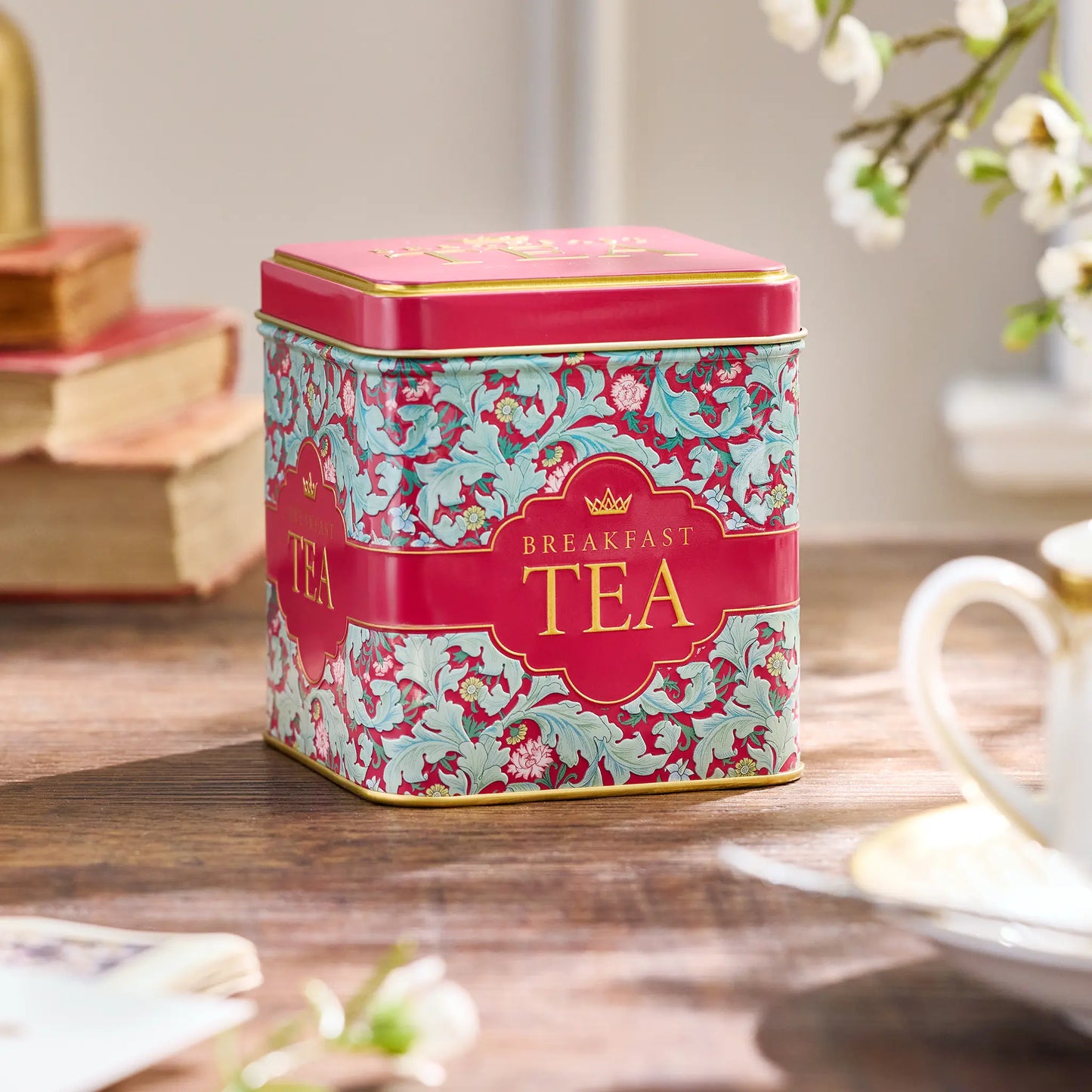 Pink Leaves 32 Teabag Tin from the Tapestry Collection by New English Teas