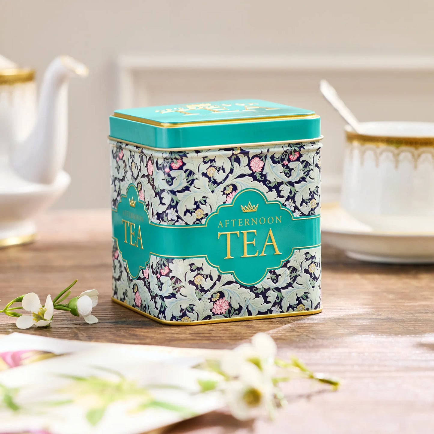 Green Leaves Square Tea Tin from the Tapestry Collection by New English Teas
