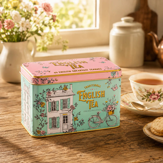 Tea tin with 'English Tea' branding on a wooden table with a cup of tea and cookies.