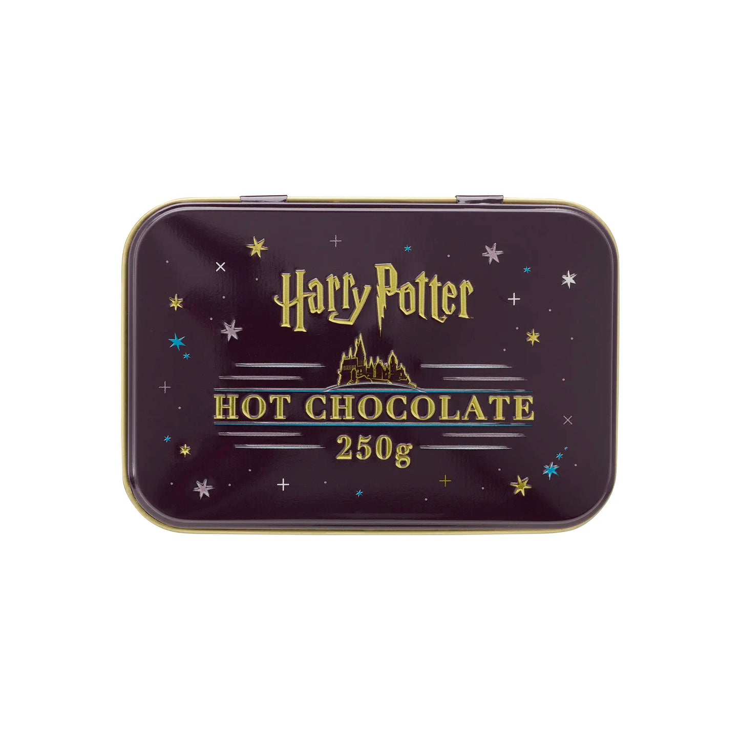 Harry Potter hot chocolate tin with castle design on the lid with gold emboessed accents