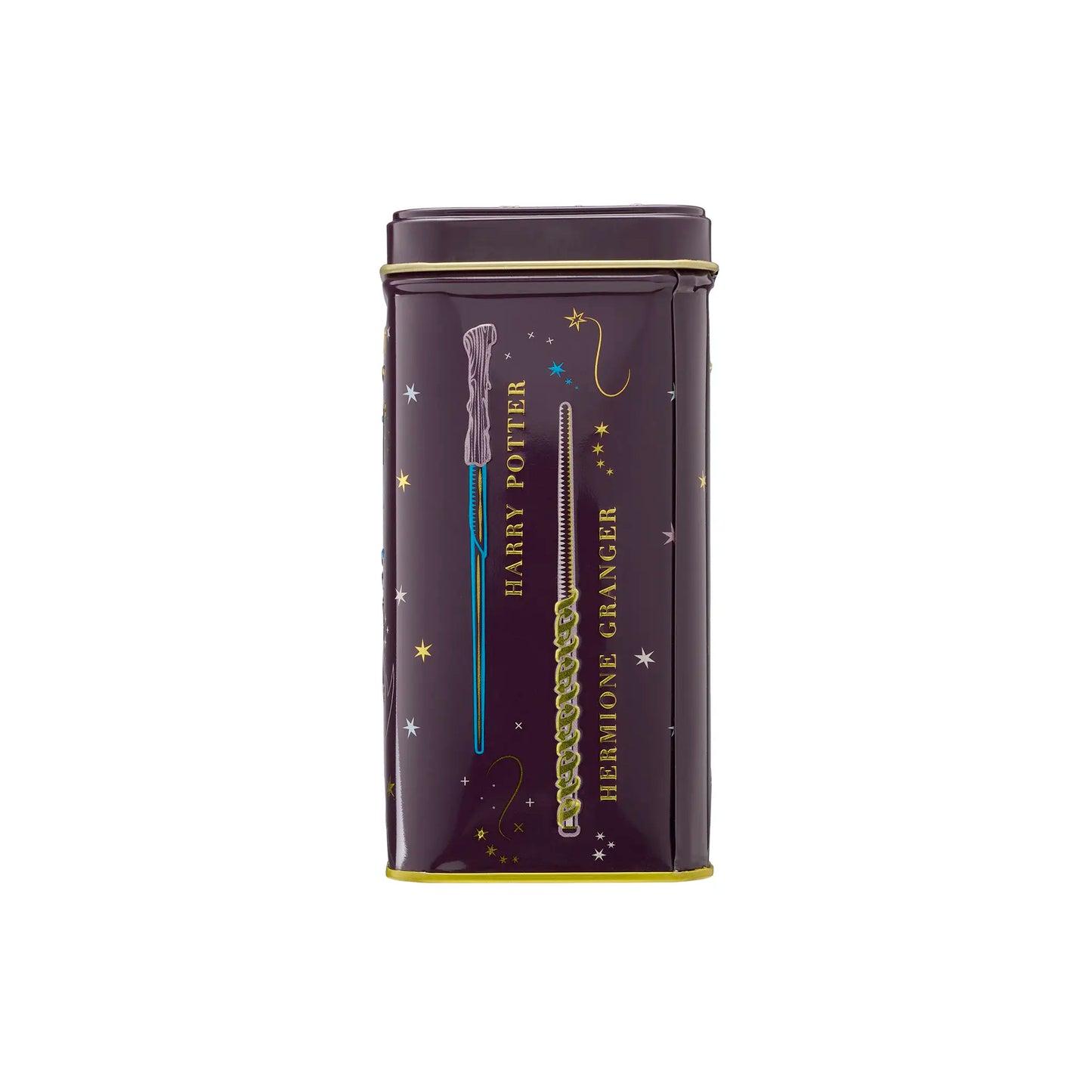 Harry Potter hot chocolate tin showing Harry and Hermione's wands.