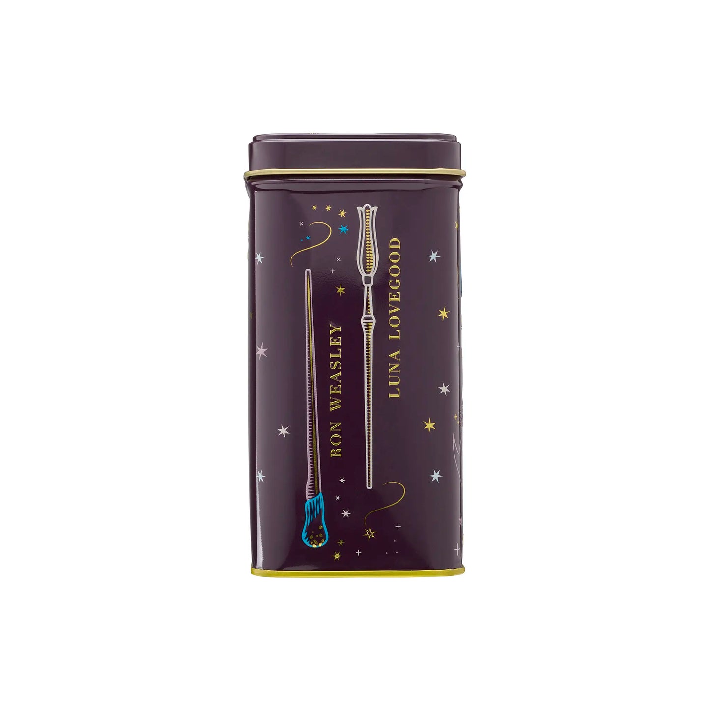 Harry Potter hot chocolate tin side showing Ron and Luna's wands