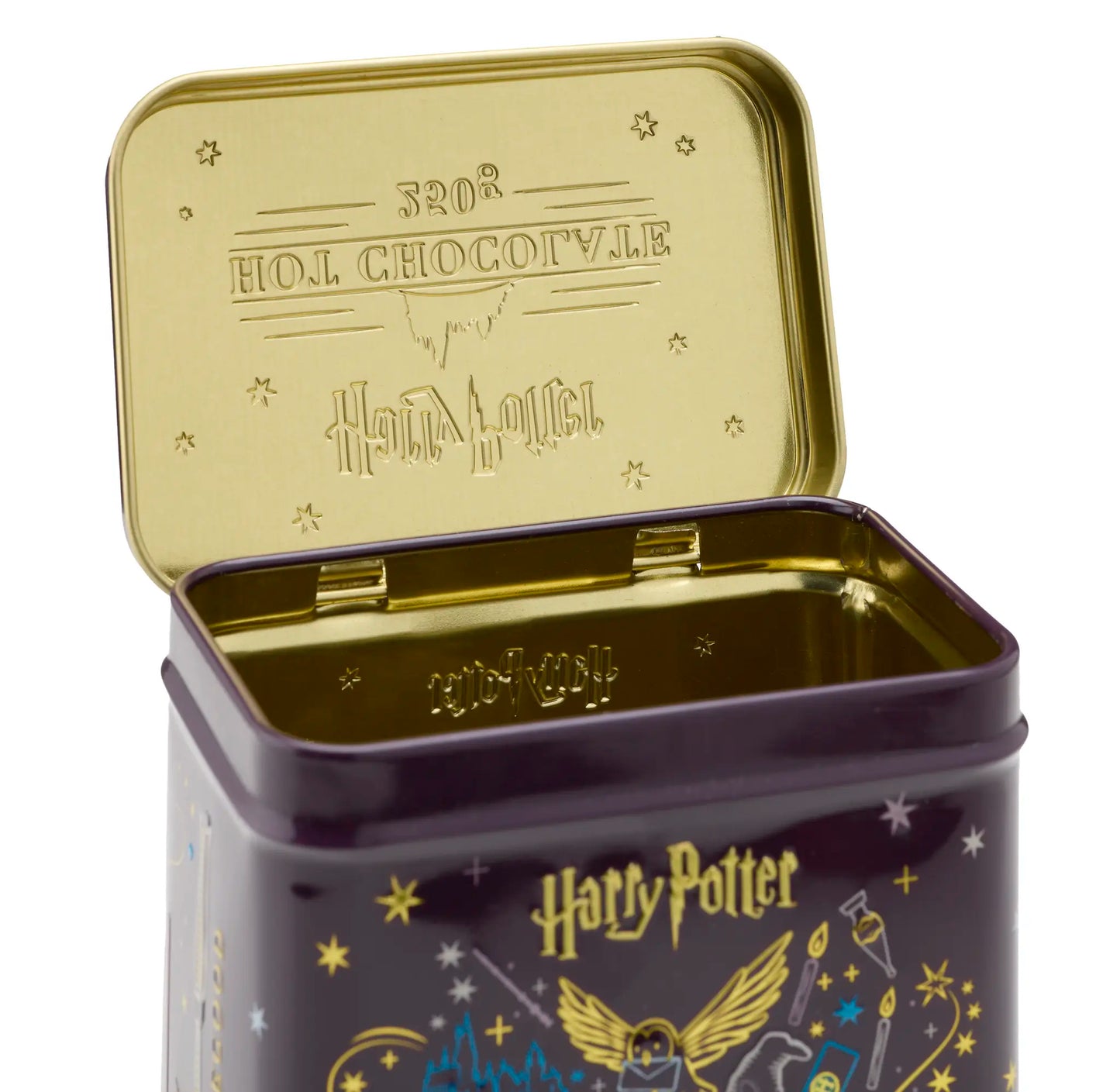 Harry Potter-themed tin with gold lid and purple body with the hinged lid open