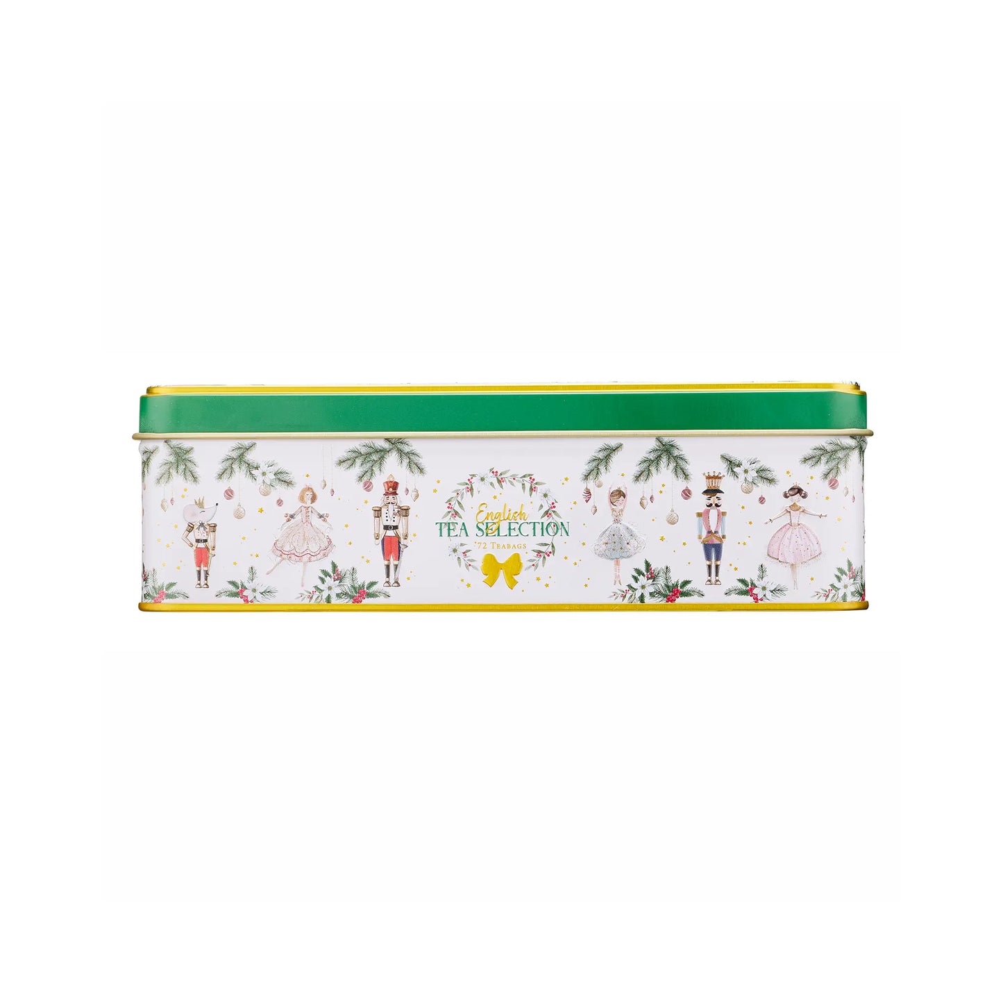 A rectangular metal tea tin with a white body decorated with festive nutcracker and holiday illustrations, a green top rim, and gold lettering that reads 'Tea Selection'.
