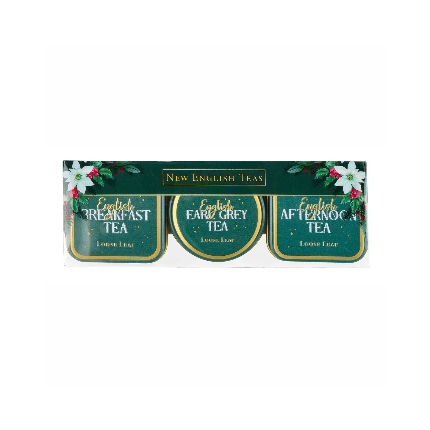 Three tea tins in a clear plastic package labeled 'New English Teas' with green labels reading Breakfast Tea, Earl Grey Tea, and Afternoon Tea, decorated with white flowers and green leaves.