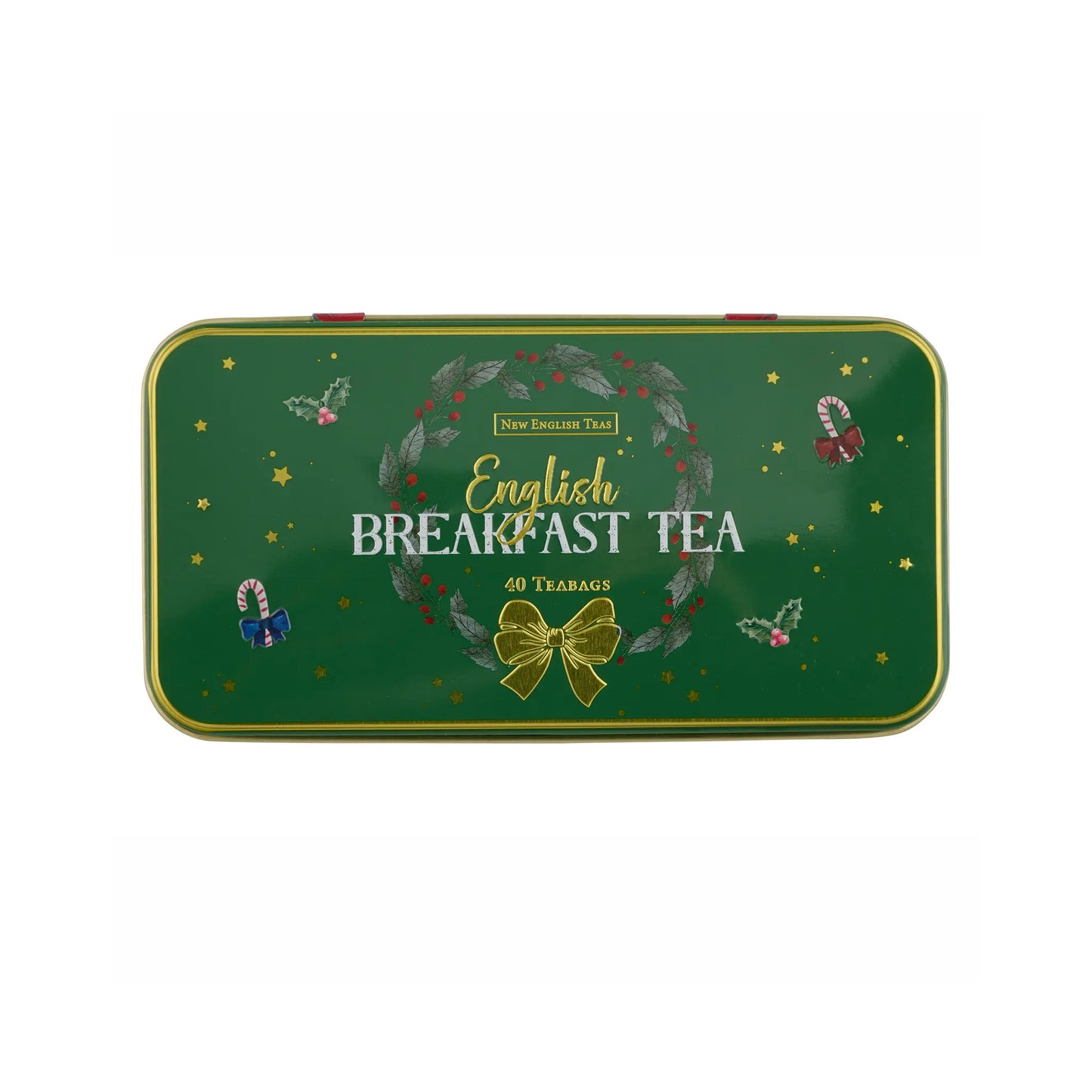 A rectangular green metal tin of New English Tea English Breakfast Tea, decorated with a wreath, gold bow, and festive illustrations, on a plain white background.