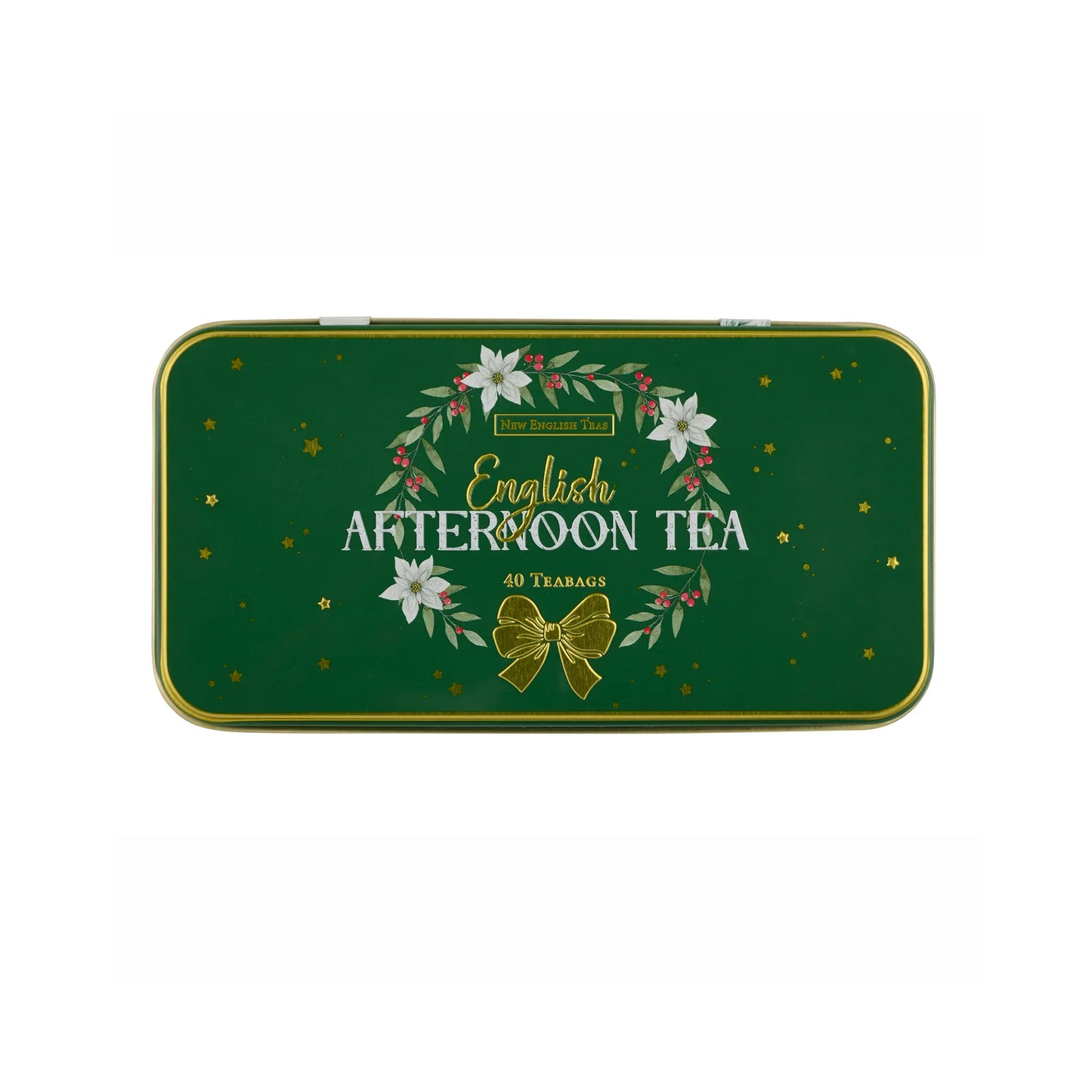 A rectangular green metal tea tin with rounded corners, featuring a gold border, white flowers, green leaves, and a gold bow illustration. The text reads 'English AFTERNOON TEA' and '40 TEABAGS'.