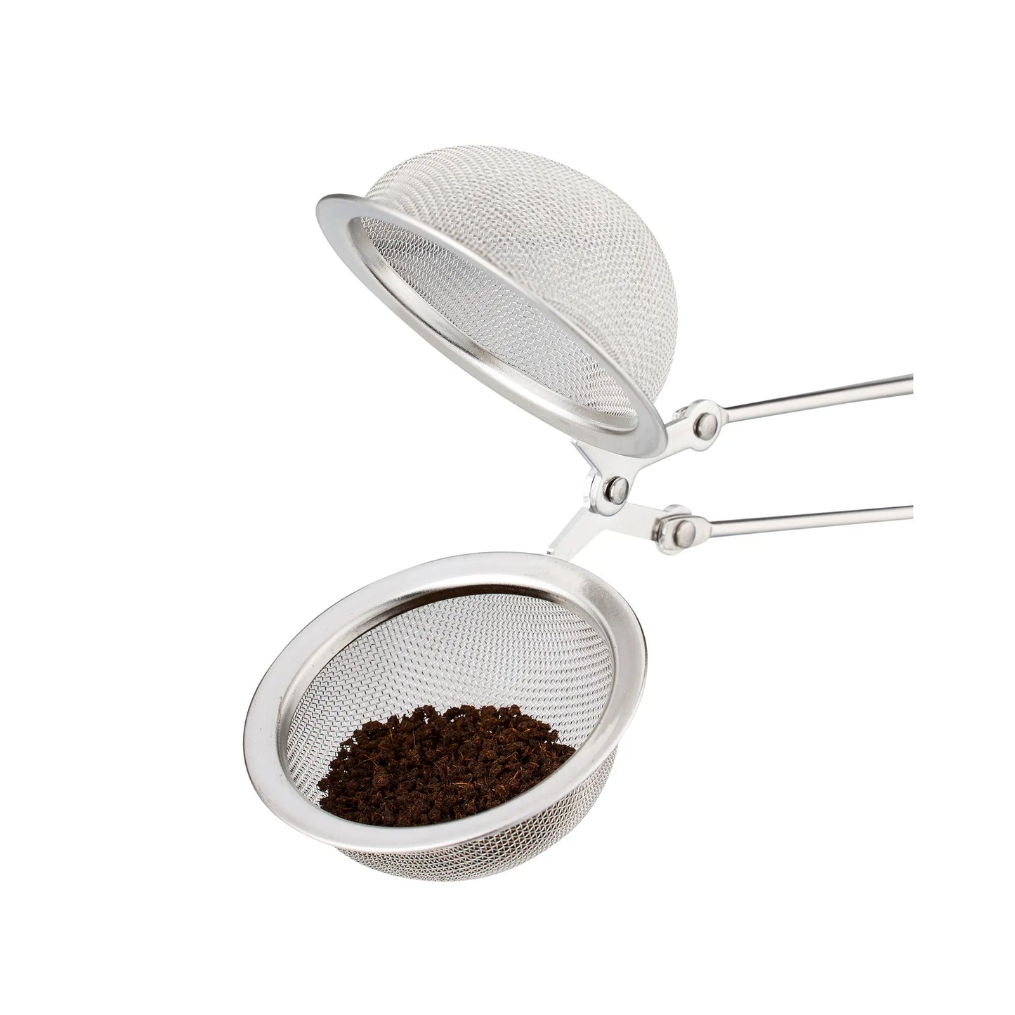 A loose tea ball-infuser showing tea leaves inside.