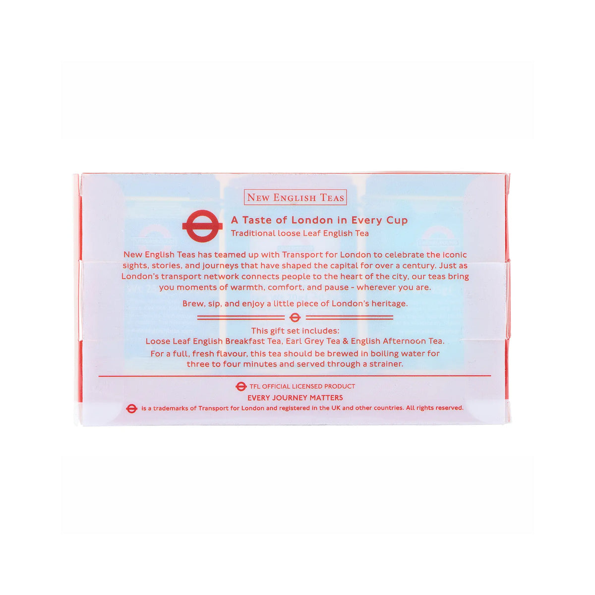 New English Tea 'A Taste of London in Every Cup' traditional loose leaf English tea gift set packaging box, featuring a white background with red text and logo, and a small blue Transport for London.