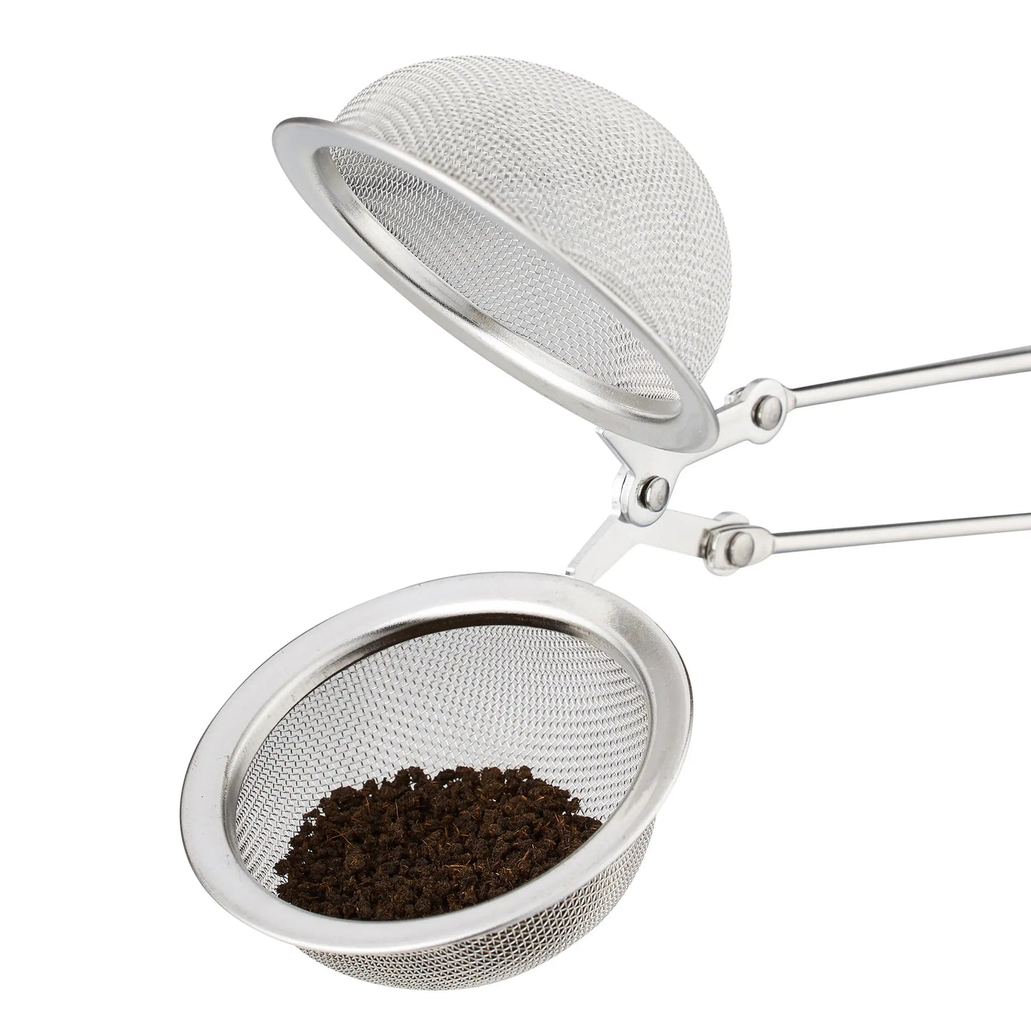 Metallic tea infuser with a mesh lid and base on a white background