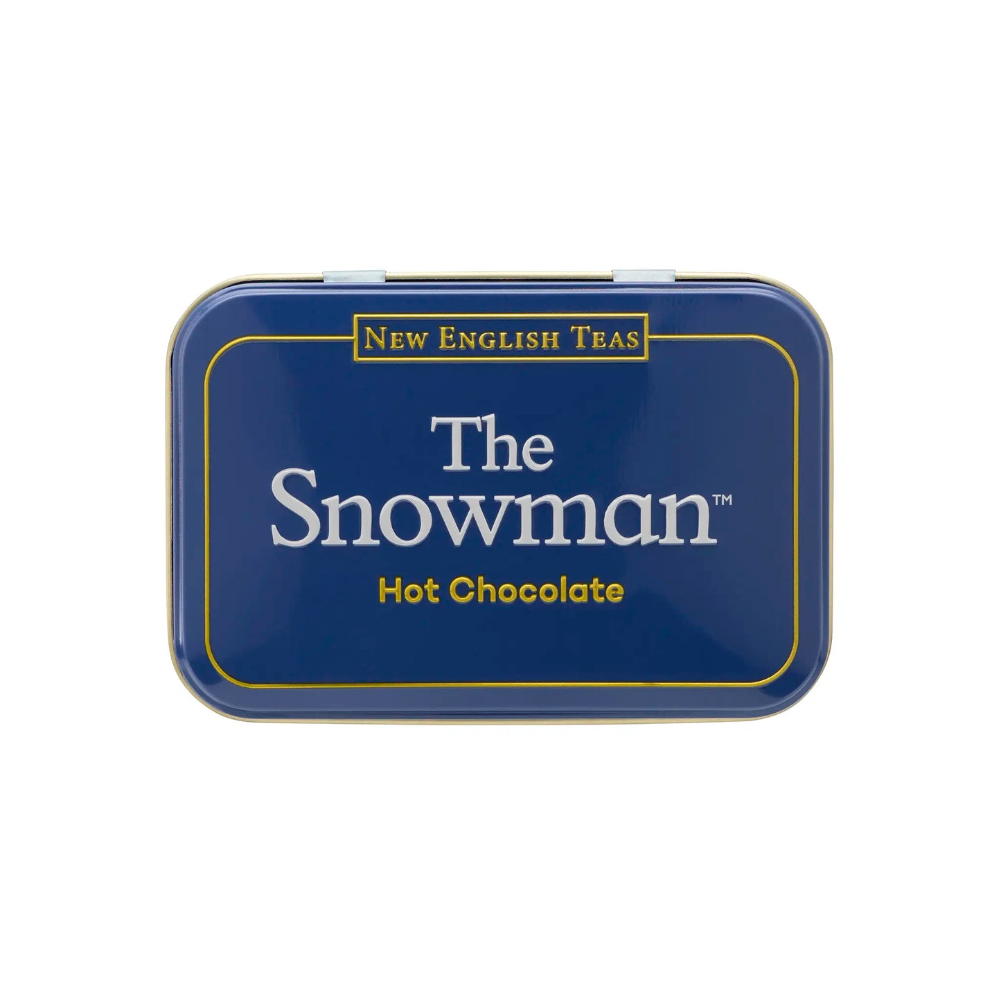 Blue tin lid of 'The Snowman' hot chocolate from New English Teas