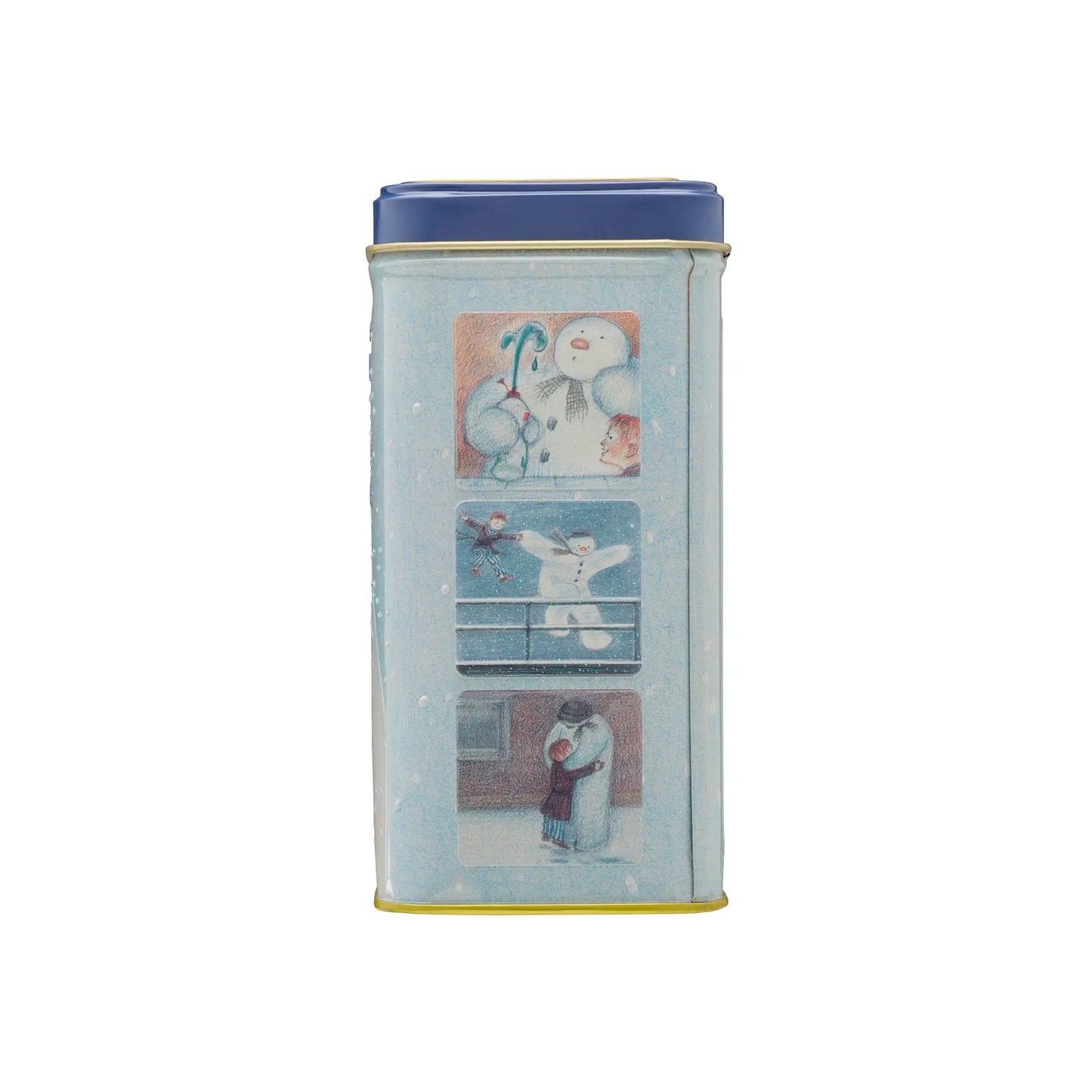 Portrait hot chocolate tin with winter-themed illustrations on a white background