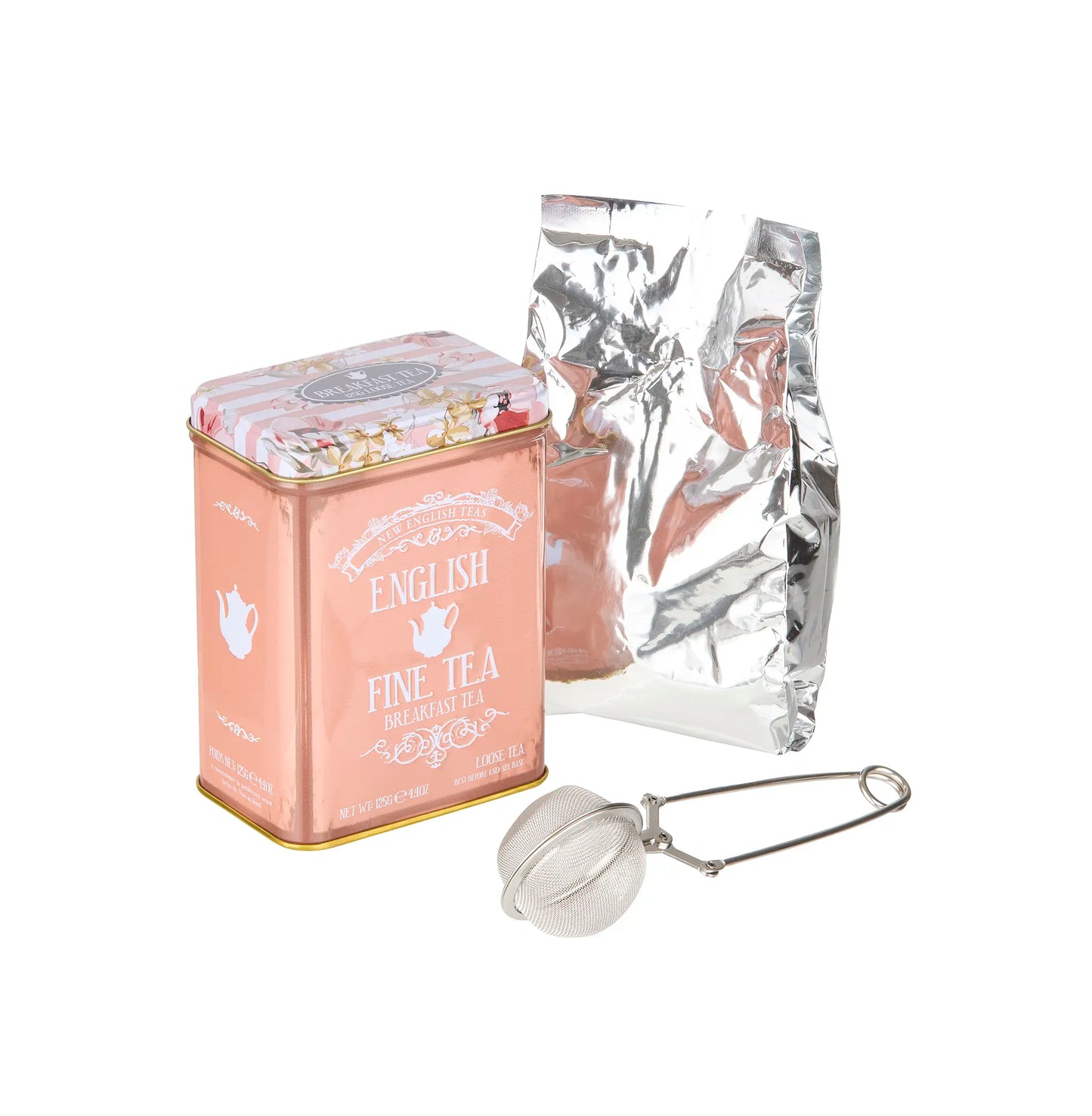 Tea packaging set with a blush tea tin, clear packaging, and a tea ball strainer on a white background.