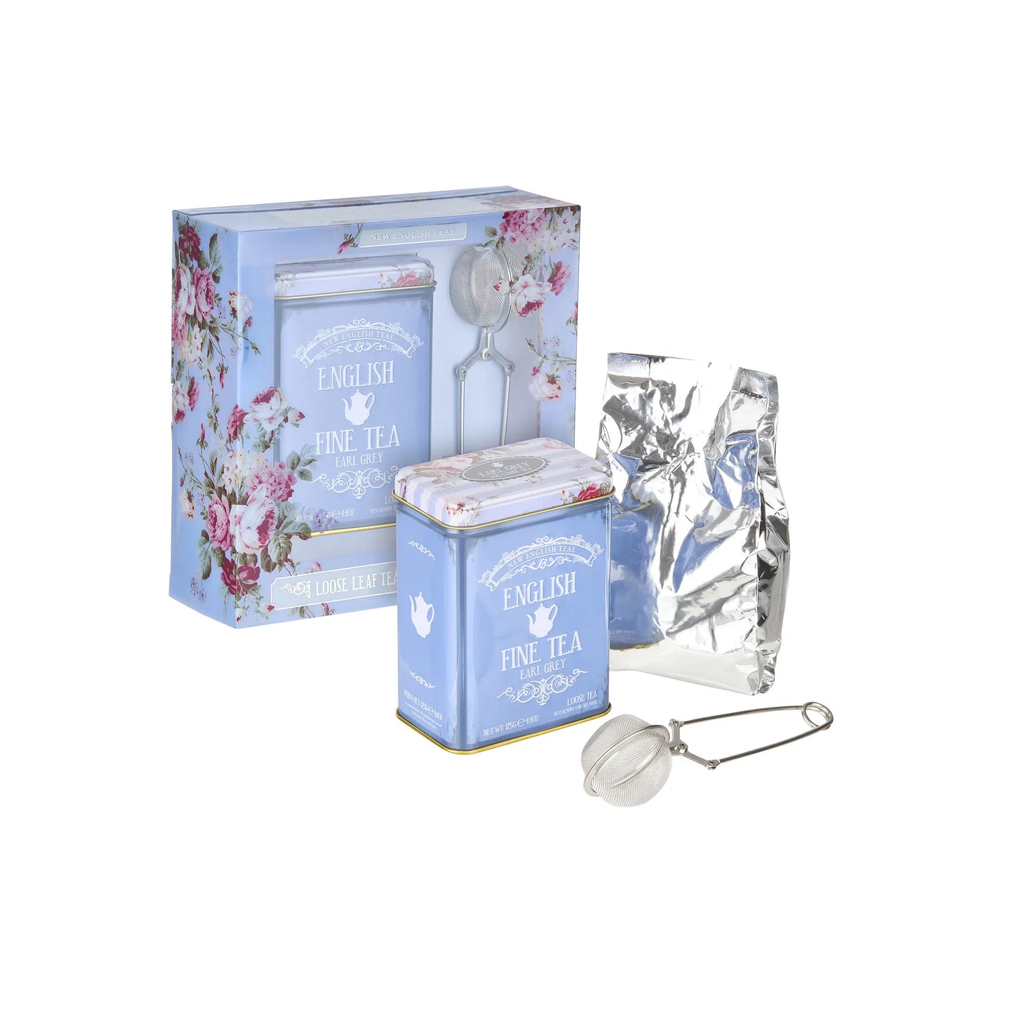 Tea packaging set with floral design, tea pouch, and tea ball infuser a white background