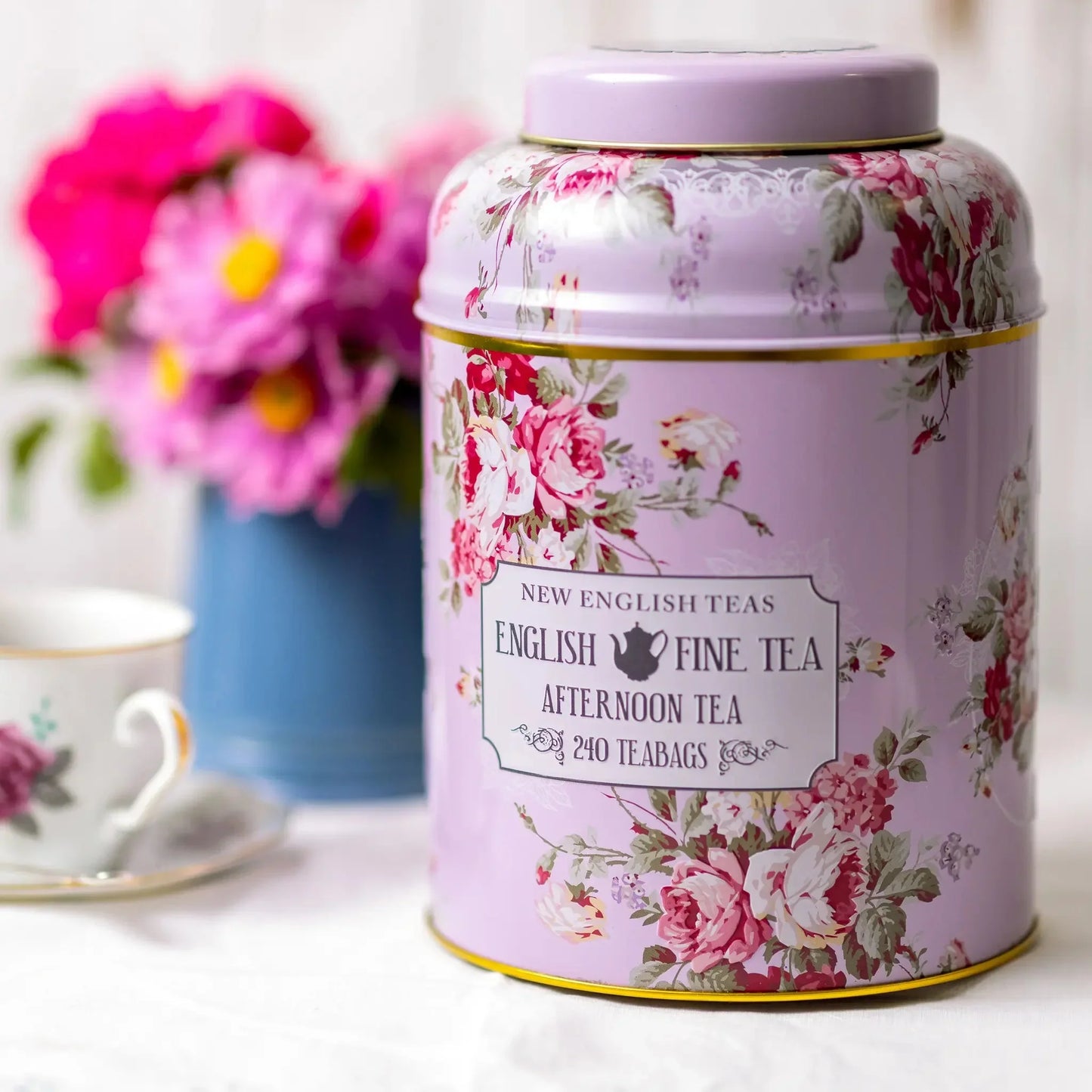 Vintage Floral 240 Teabag Tea Caddy - Lavender - New English Teas