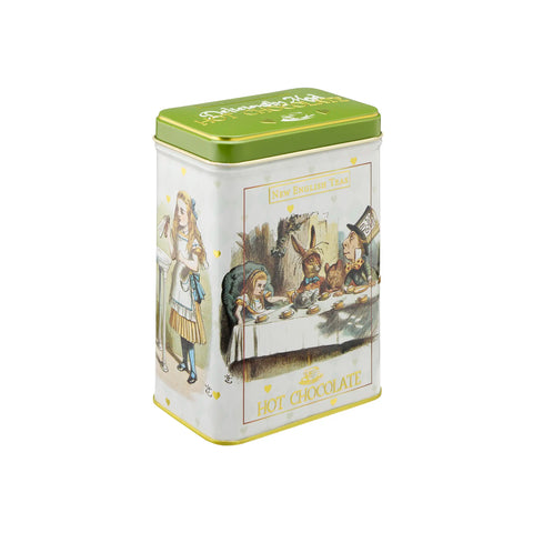 Hot chocolate tin with Alice in Wonderland design on a white background