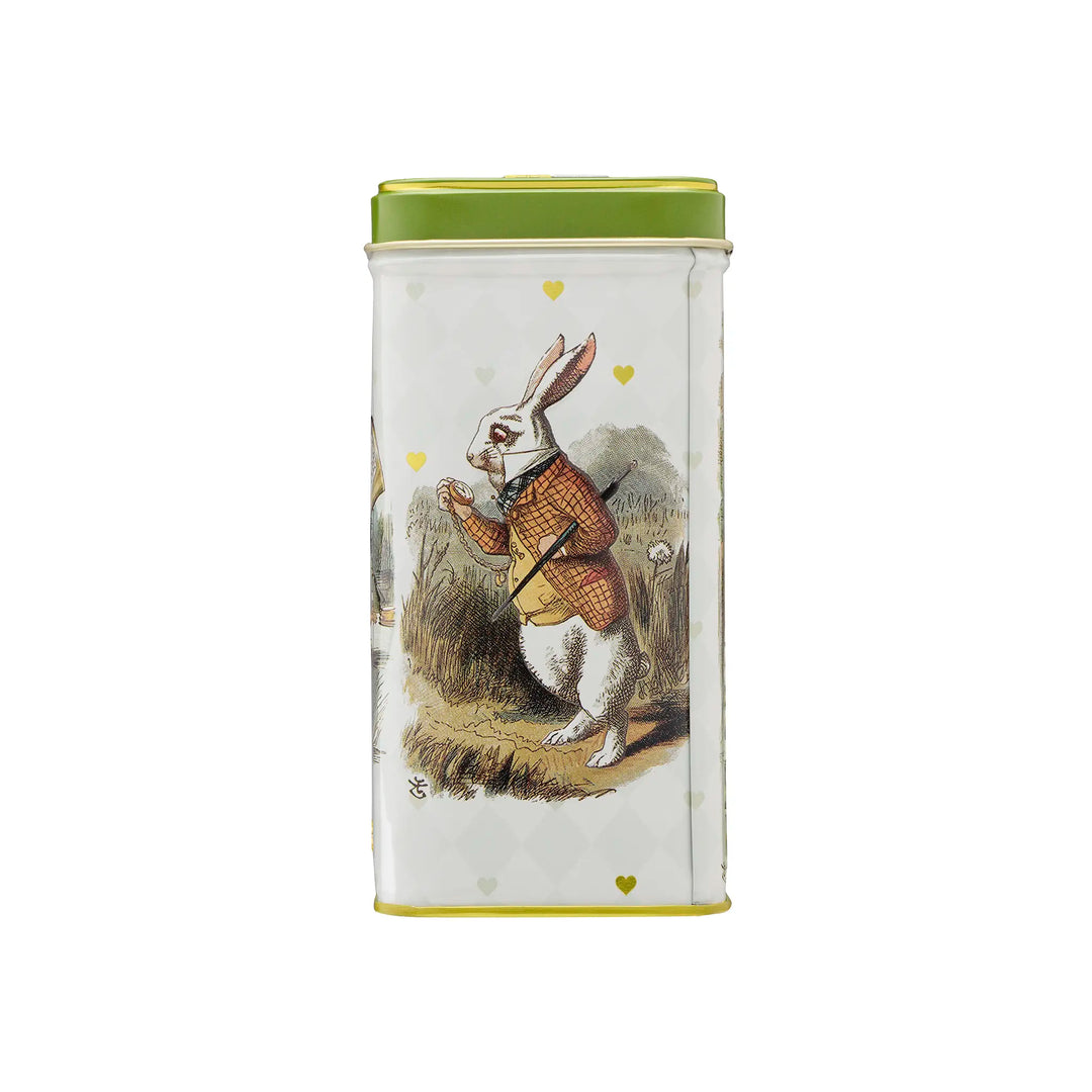 Tea tin with the March Hare illustration on a white background