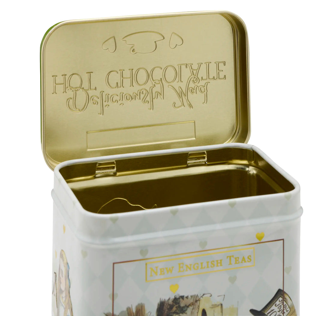 Alice in Wonderland hot chocolate tin with gold open lid on a white background