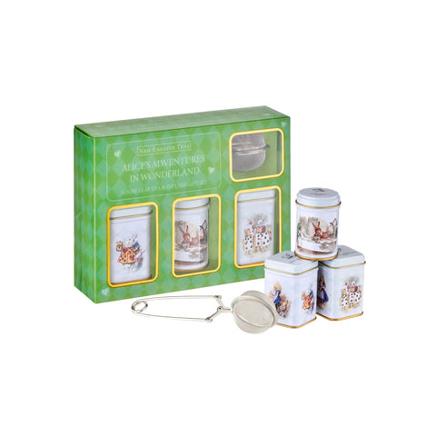 Tea canisters set with a green box featuring illustrations, including a tea strainer on a white background.