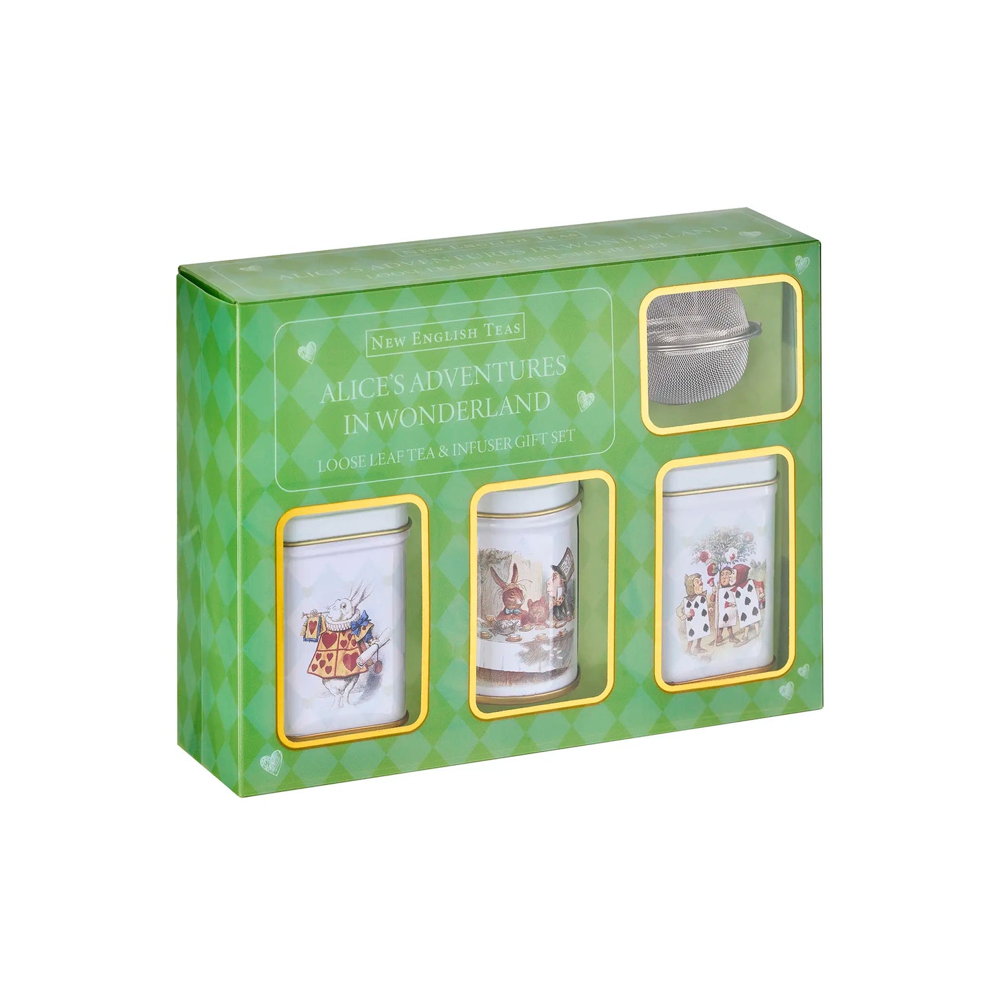 Tea set packaging with three tea canisters and a strainer on a green background