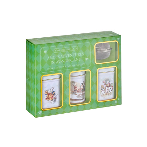 Tea set packaging with three tea canisters and a strainer on a green background