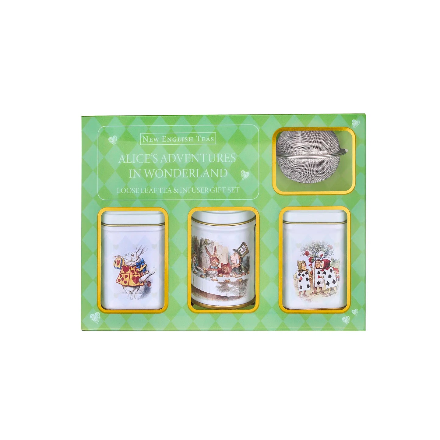 Green Alice in Wonderland Tea set packaging with illustrations and text on a white background