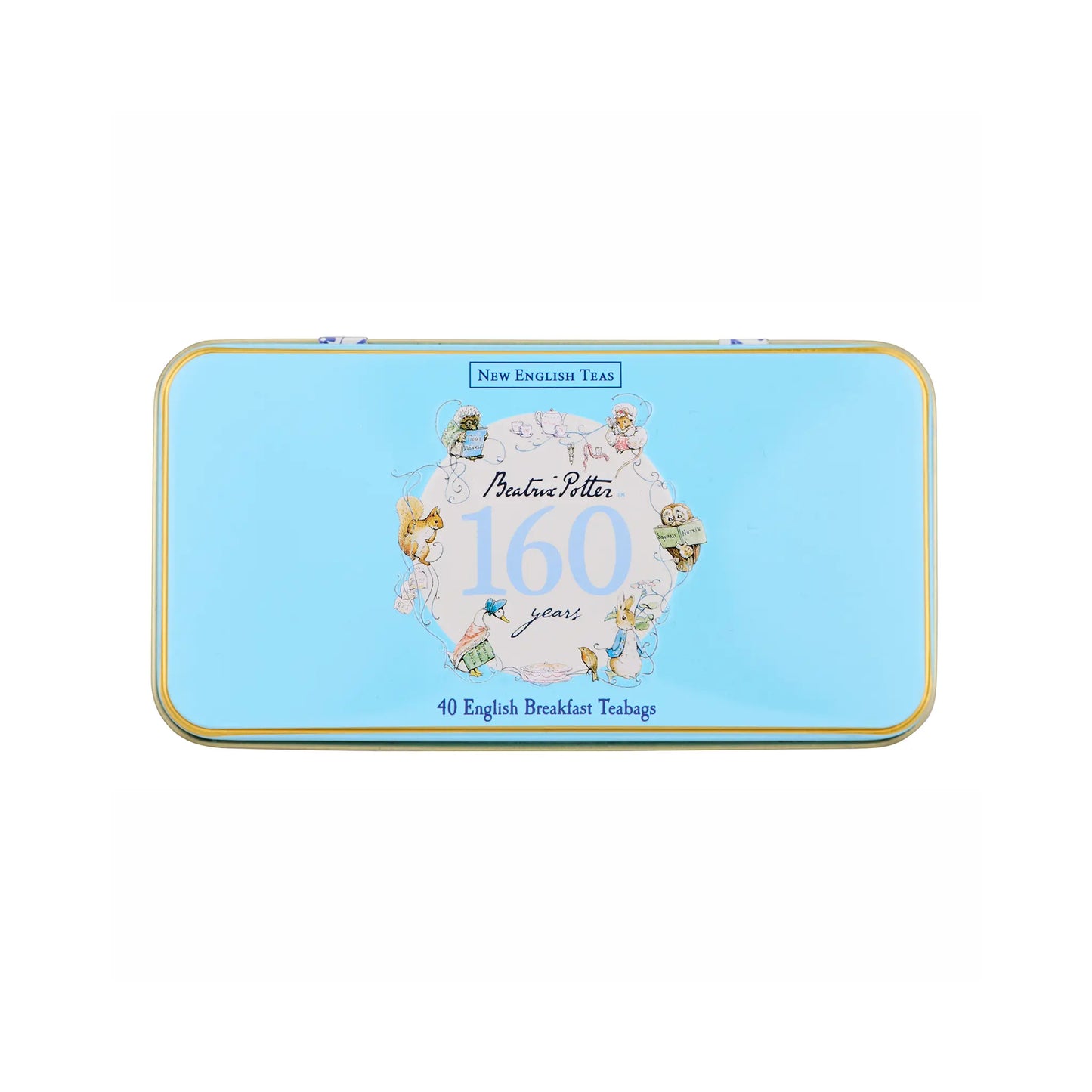 A light blue rectangular metal tin of New English Tea with a gold border and a central illustration celebrating 160 years of Butler & Potter, shown on a plain white background.