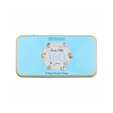A light blue rectangular metal tin of New English Tea with a gold border and a central illustration celebrating 160 years of Butler & Potter, shown on a plain white background.