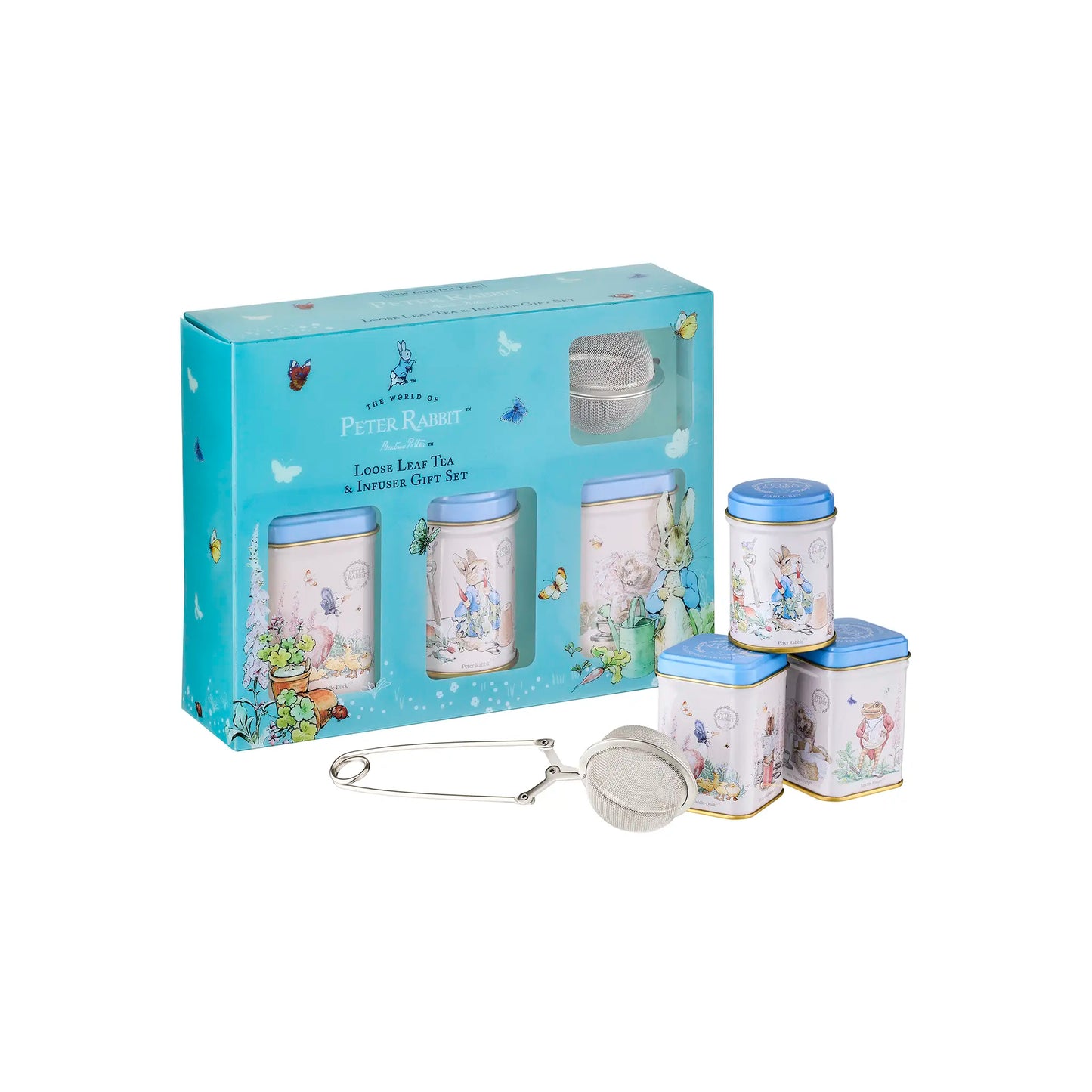 Set of tea tins with a tea infuser and packaging on a white background