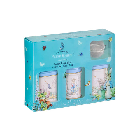 Tea set packaging with 'Peter Rabbit' design on a light blue background