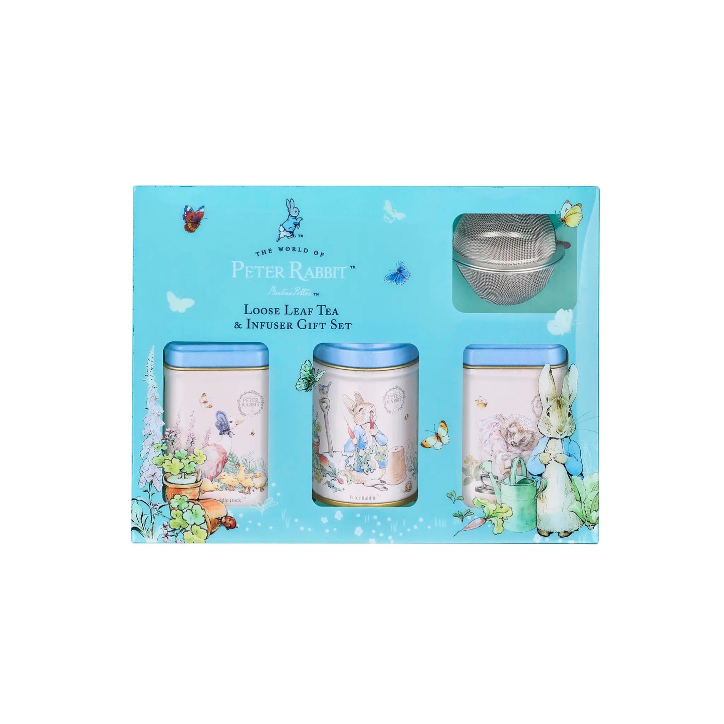 Peter Rabbit loose leaf tea and infuser gift set packaging on a white background