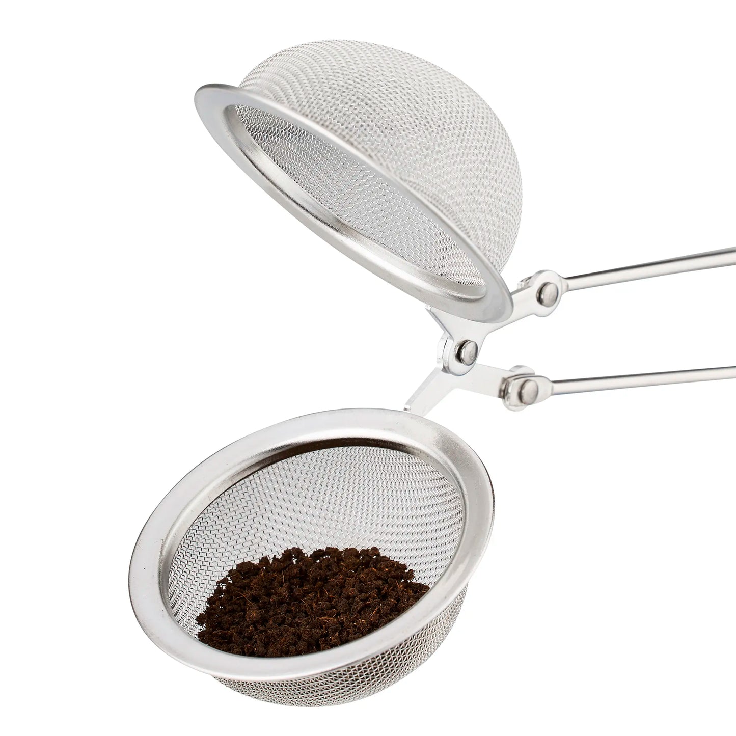 Metallic tea infuser with a mesh design on a white background