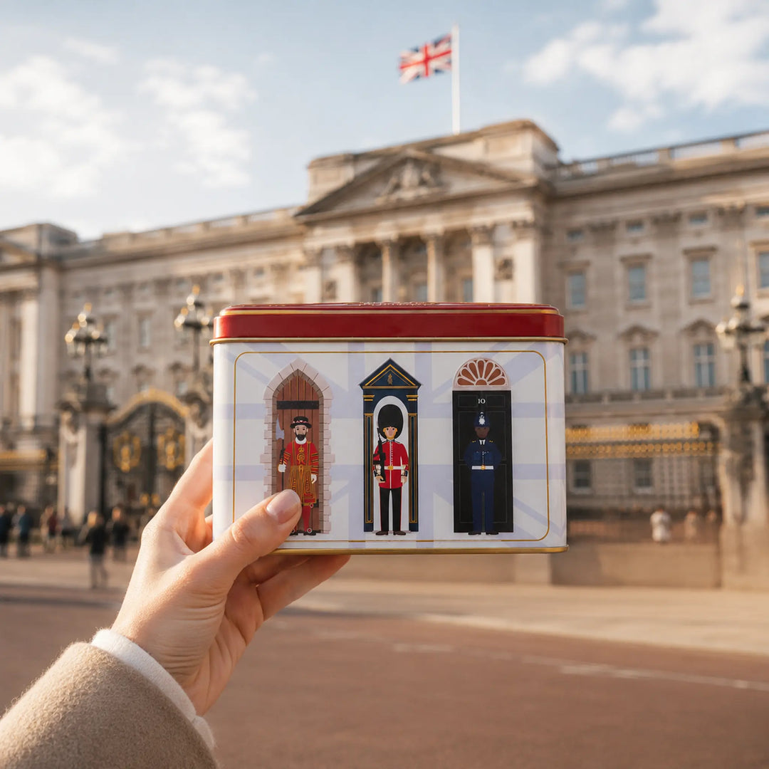A hand holds a rectangular tin box in front of a blurred London palace background. The tin has a red top border and a printed design showing three British guard uniforms in arched doorways.