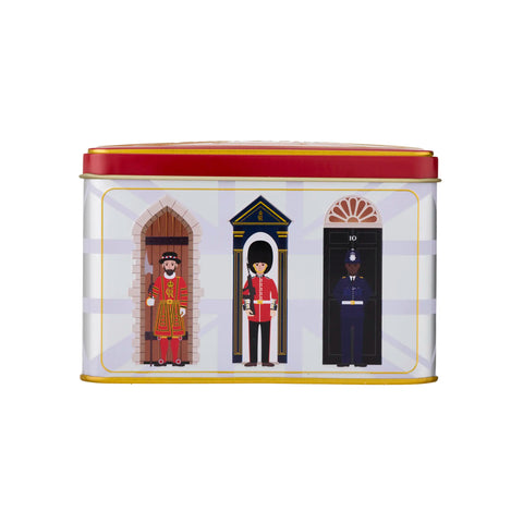 A rectangular metal tin with a red lid and gold trim, featuring a printed illustration of three British guard uniforms in arched doorways on a white background.
