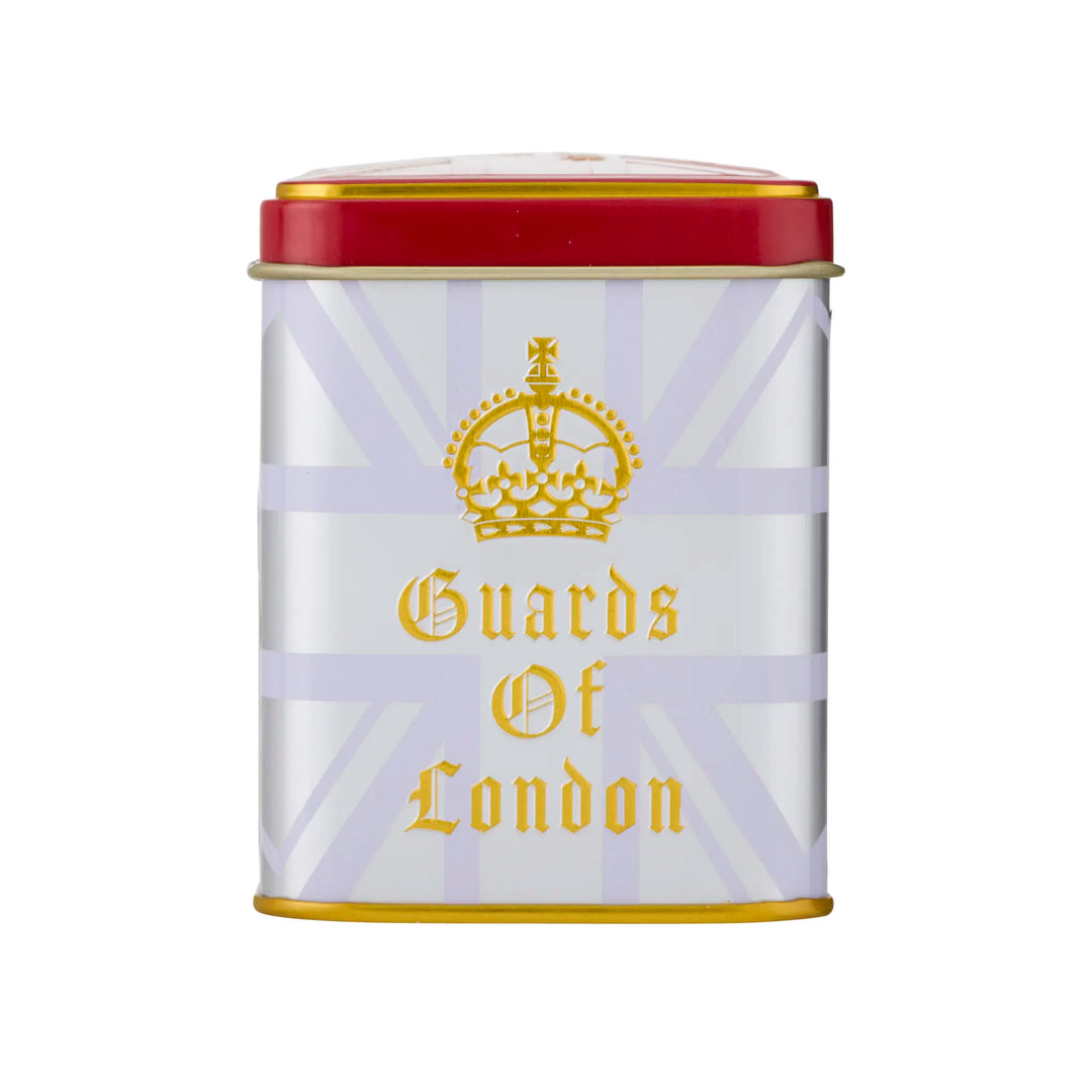 A metal tin with a red lid and gold trim, featuring a white and light purple Union Jack pattern with a gold crown and the text 'Guards Of London' on the front.