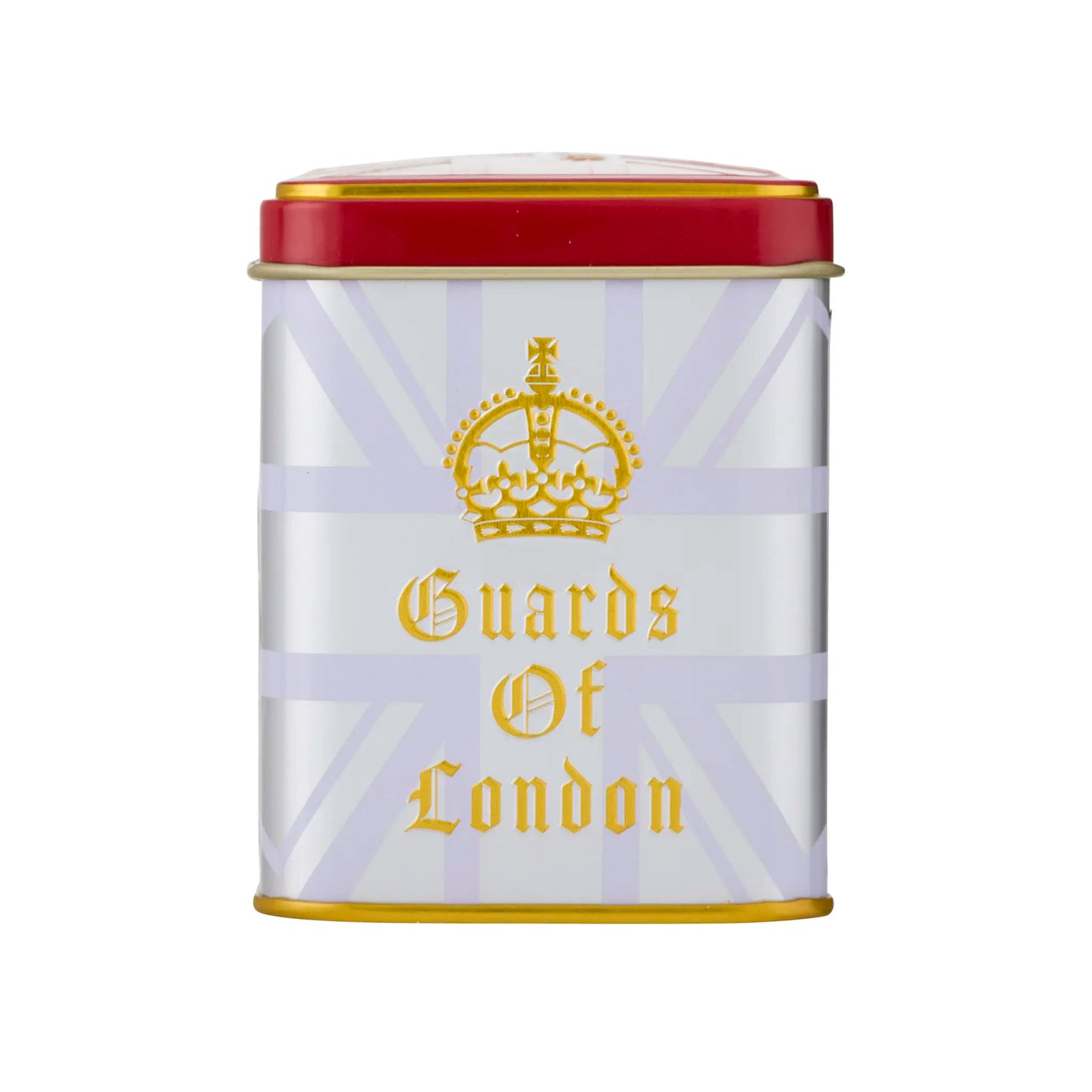 A metal tin with a red lid and gold trim, featuring a white and light purple Union Jack pattern with a gold crown and the text 'Guards Of London' on the front.