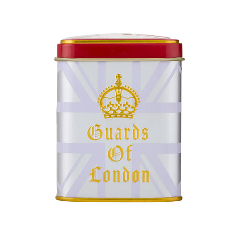 A metal tin with a red lid and gold trim, featuring a white and light purple Union Jack pattern with a gold crown and the text 'Guards Of London' on the front.