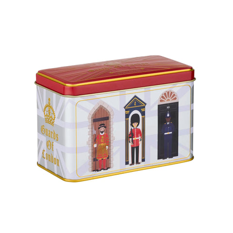A rectangular metal tin with a red lid and gold trim, featuring illustrations of London Guardhouse guards and the text 'Guards of London' on a white and gray striped background.