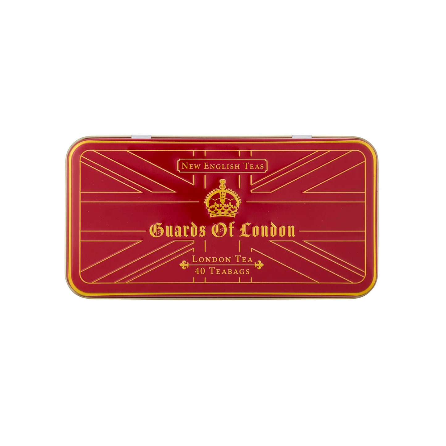 A rectangular red metal tea tin with gold trim and gold lettering that reads 'New English Teas Guards Of London London Tea 40 Teabags,' shown on a plain white background.