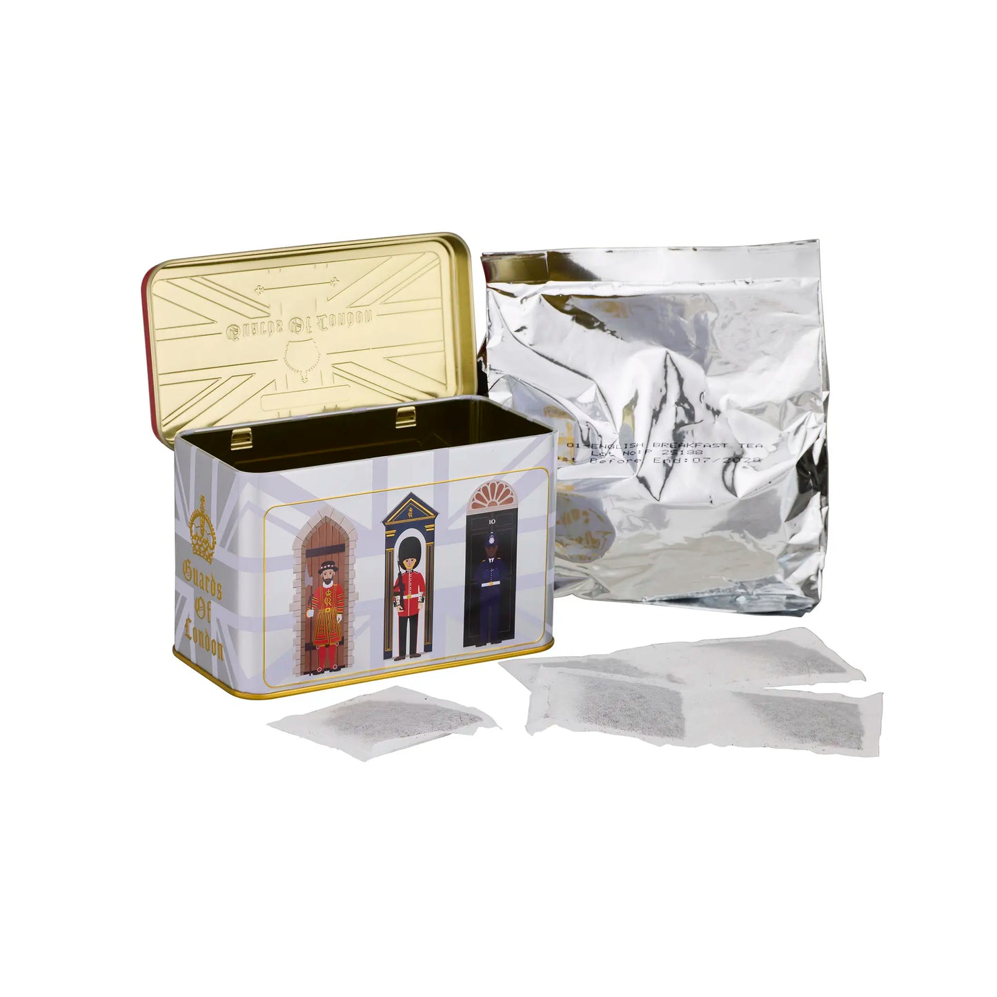 A tin of tea with an illustrated front panel showing three guards at doors, next to a silver foil pouch and several teabags on a white background.