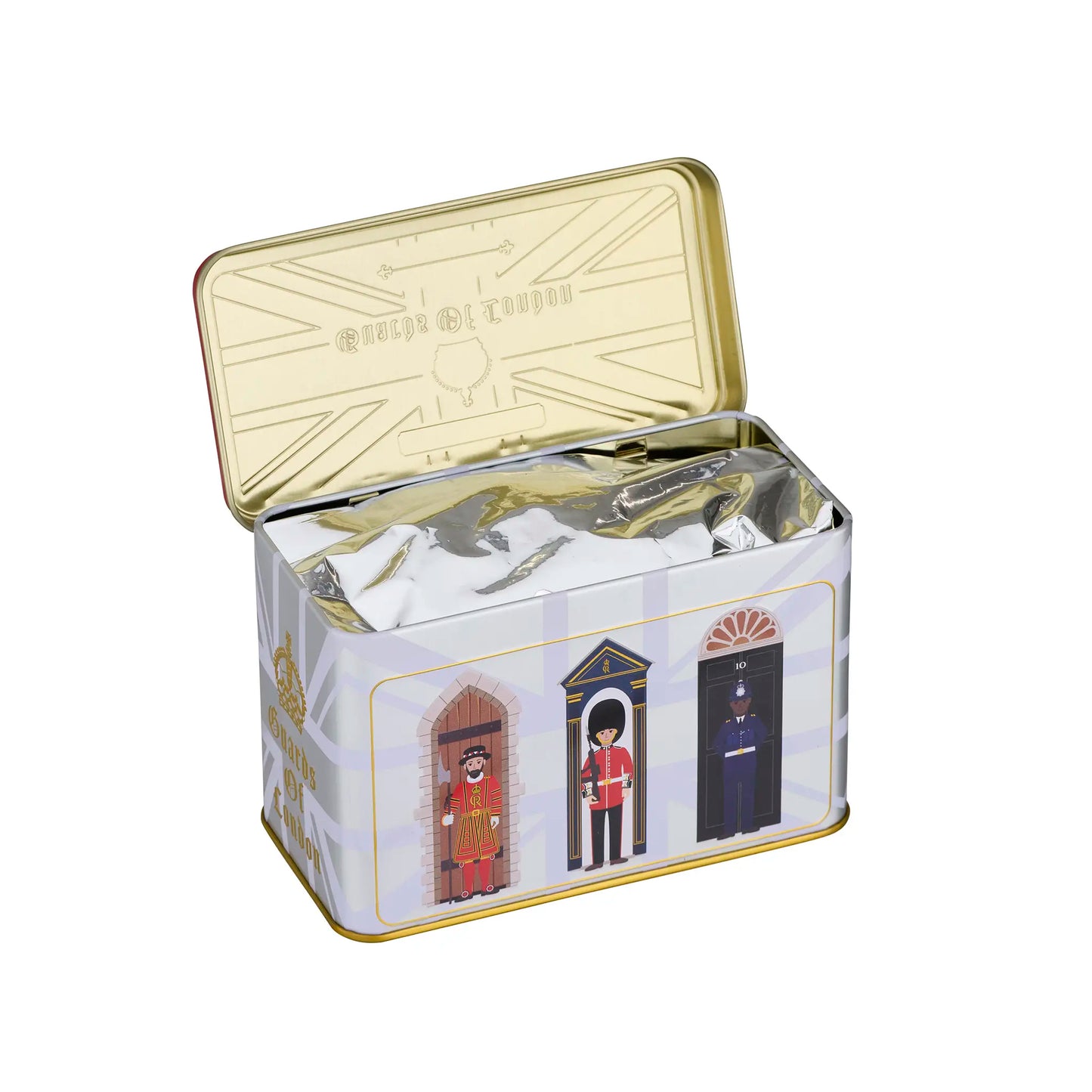 An open rectangular metal tin with a gold-toned lid and base, featuring a Union Jack pattern and illustrations of three British police box guards on the front. The tin is filled with silver foil packaging and photographed on a plain white background.
