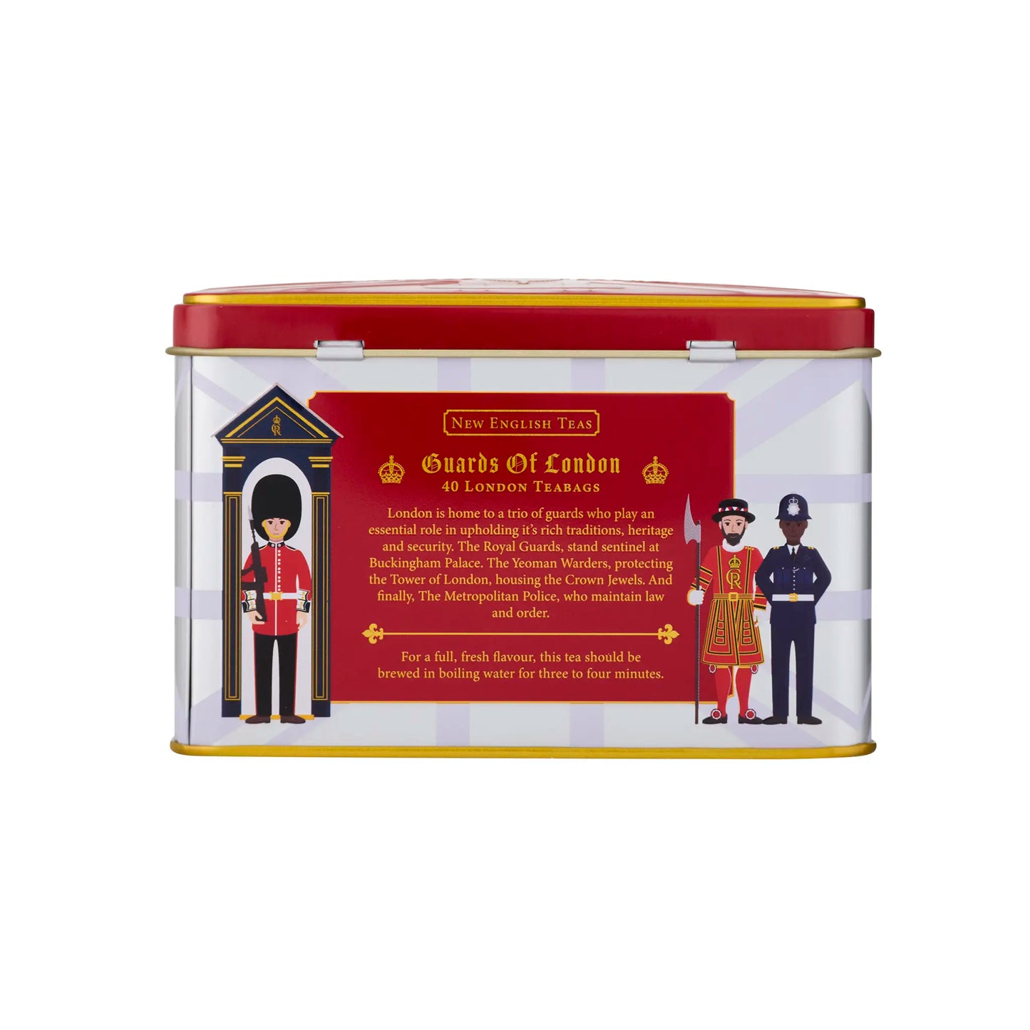 A square metal tea tin with a red lid and gold trim, featuring a red front label with illustrations of British Guards and text for New English Teas Guards Of London 40 London Teabags.