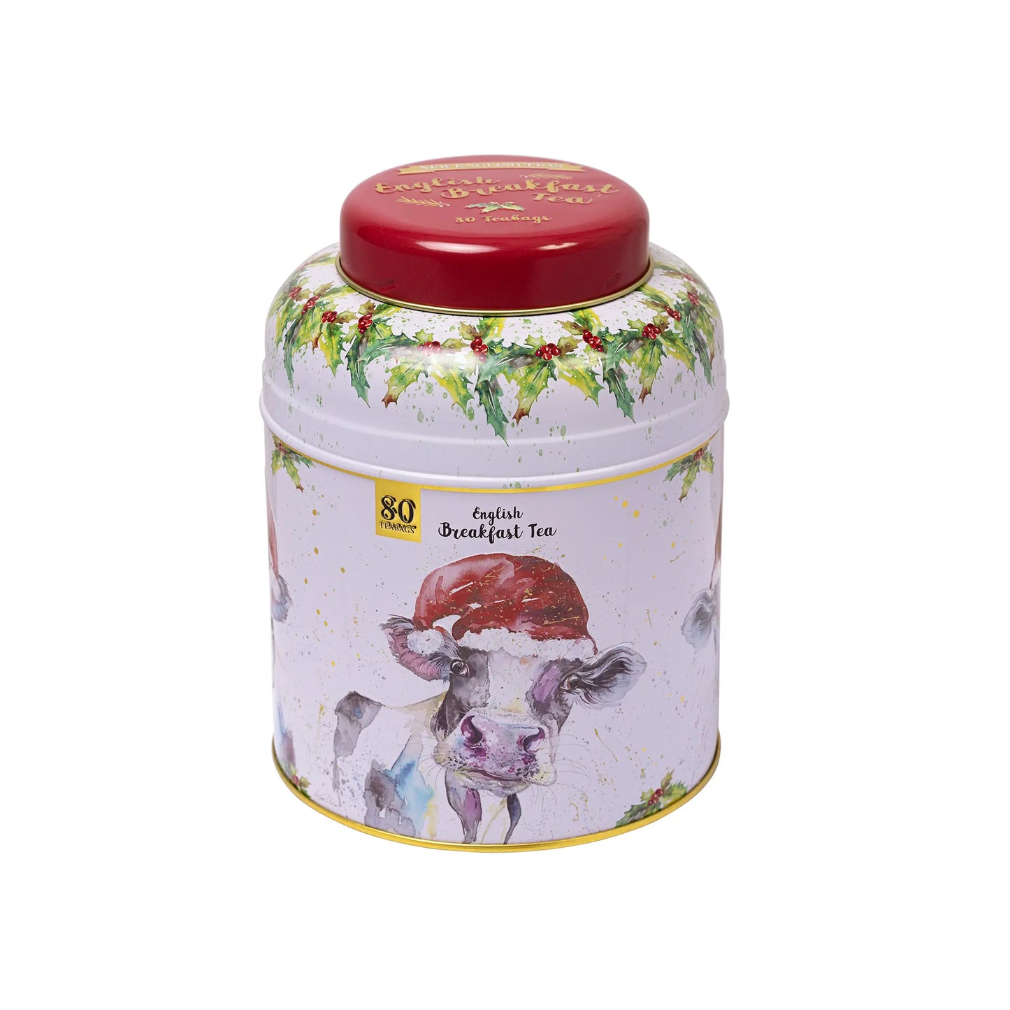 Tea canister with cow design and festive elements on a white background