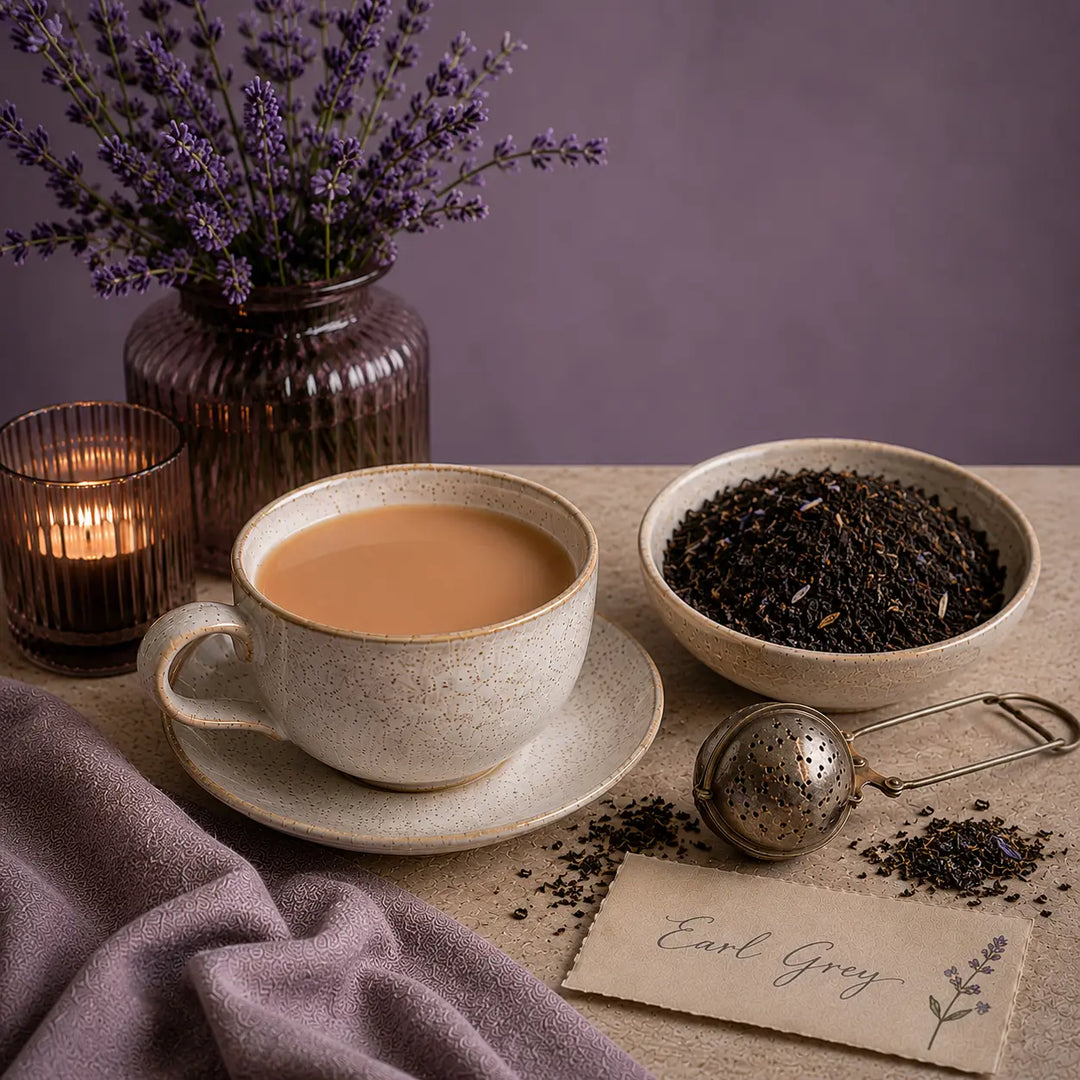 Tea cup with Earl Grey loose tea, lavender flowers, and a candle on a wooden surface.