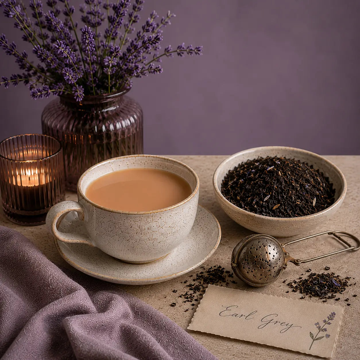 Tea cup with Earl Grey loose tea, lavender flowers, and a candle on a wooden surface.