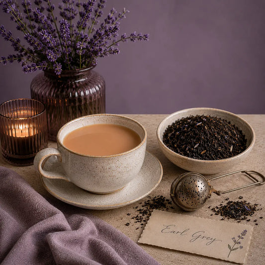 Tea cup with Earl Grey loose tea, lavender flowers, and a candle on a wooden surface.